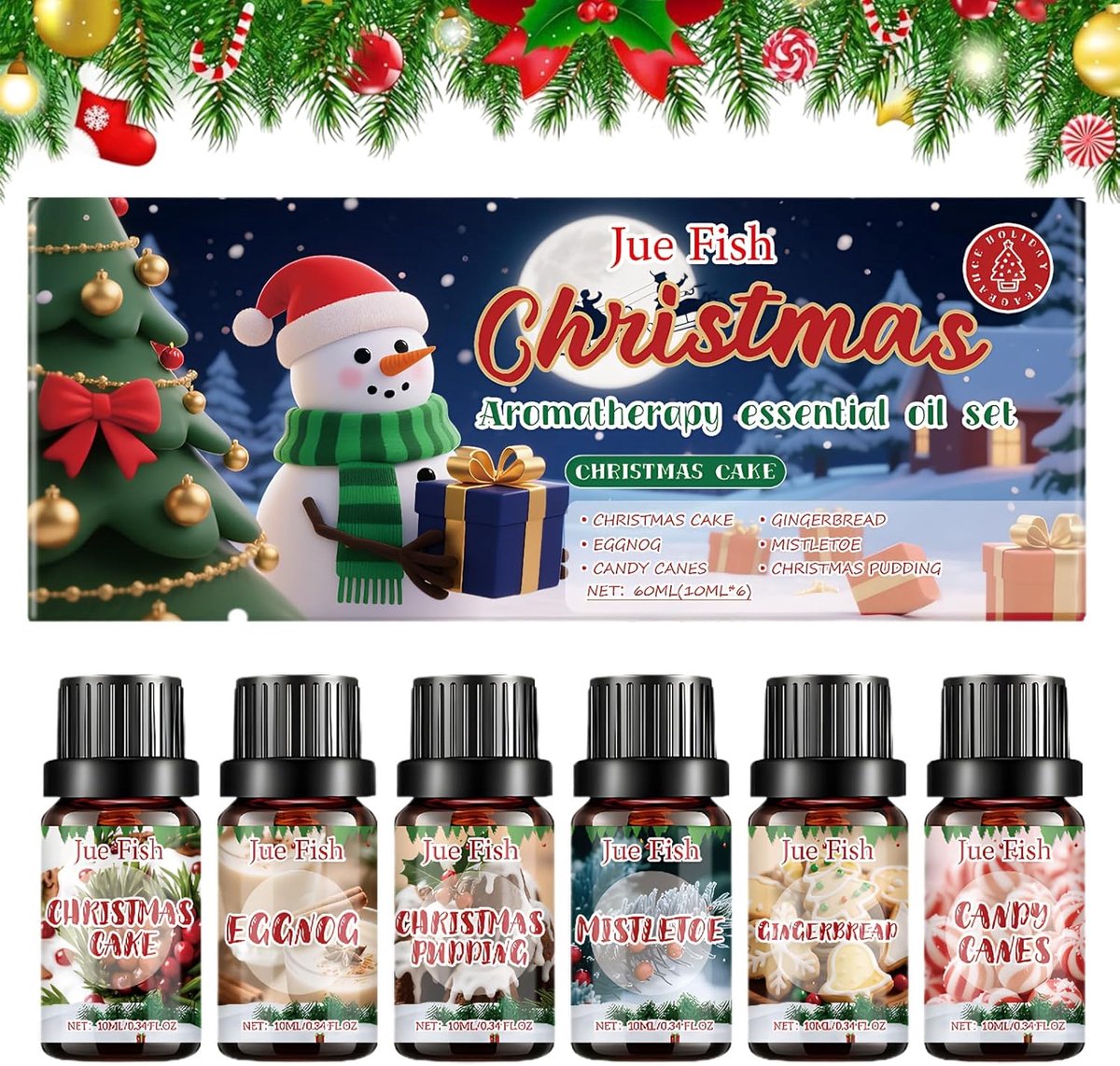 SnelShoppen - Christmas Essential Oil Set - 6 x 10 ml Aromatherapie Geurstokjes voor Diffuser - Kerstgeuren: Kersttaart, Eierlikeur, Suikerriet, Peper