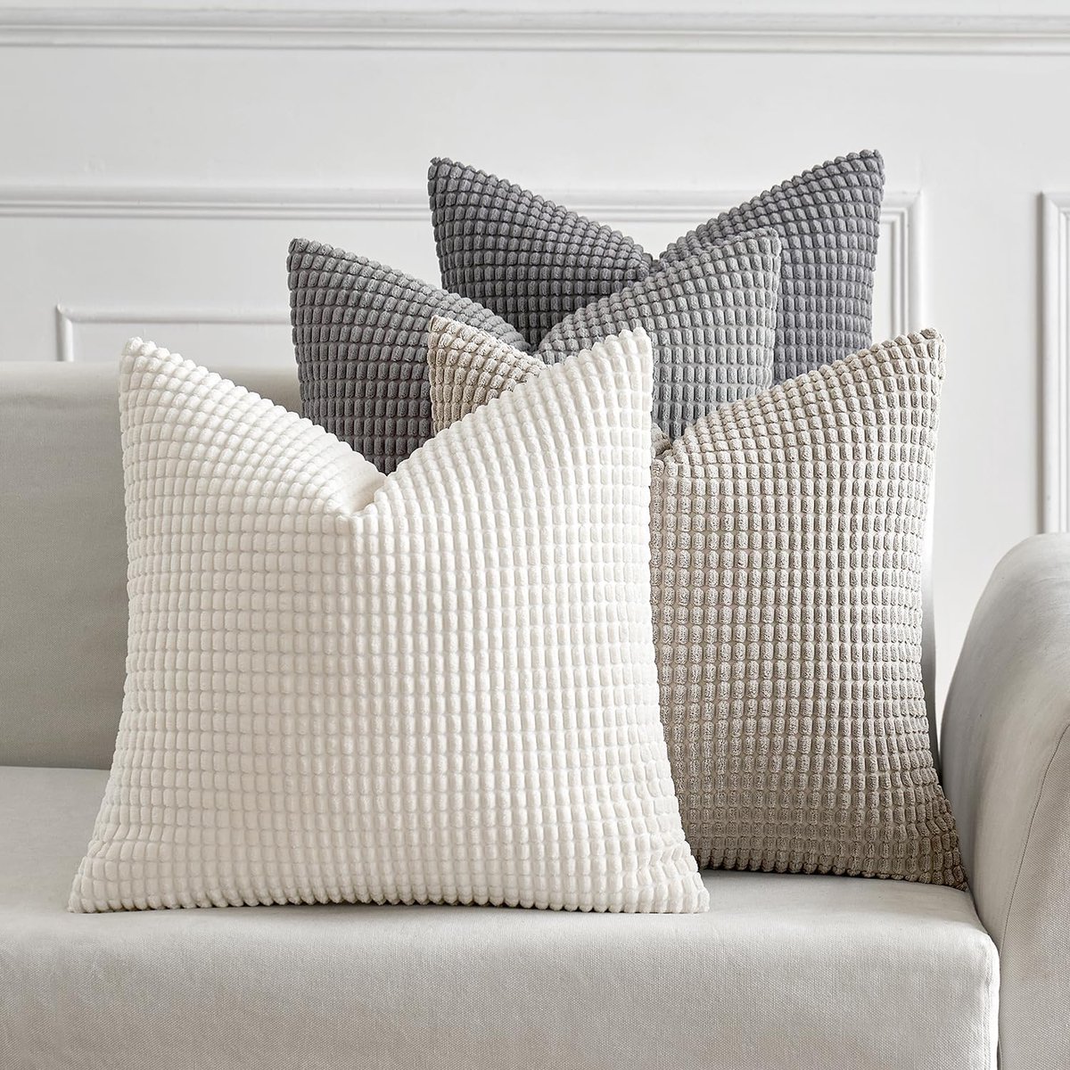 SnelShoppen - Set van 4 Grijze Striped Corduroy Kussenhoezen 50x50 cm - Decoratieve Kussenslopen met Onzichtbare Rits voor Bank, Stoel en Slaapkamer