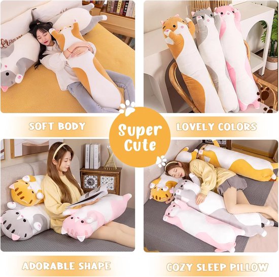 SnelShoppen - Soft Long Plush Pillow - Schattige Pluche Kat Kussens, Grote Pluche Speelgoed, Cuddle Toys voor Kinderen en Vriendin (Grijs, 70cm) van Snelshoppen — afbeelding 3