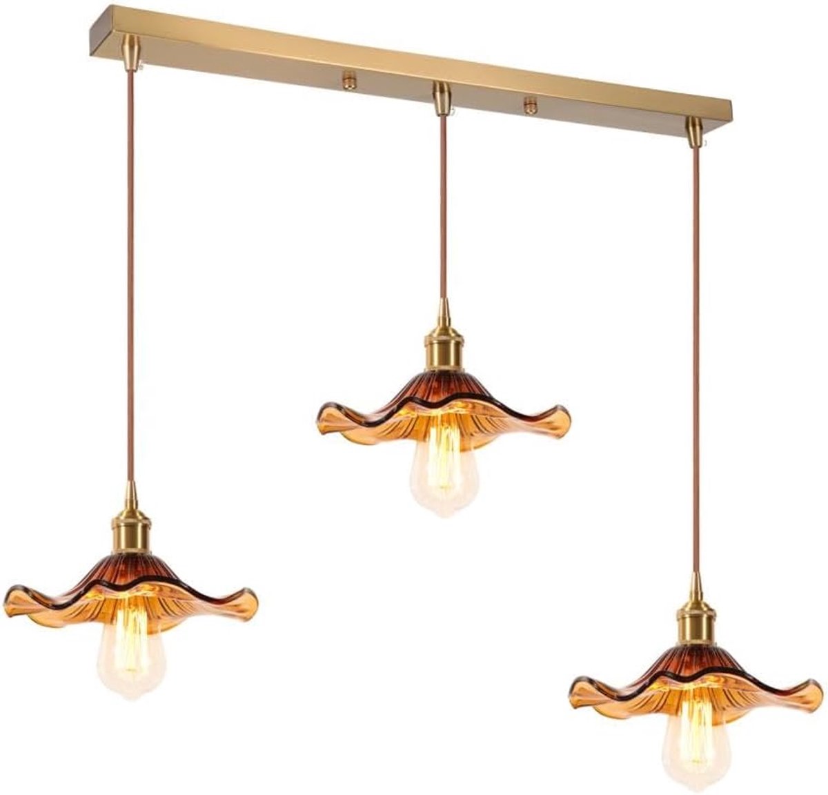 SnelShoppen - 3 Glazen Hanglampen Modern Amber Bloemen Vintage Goud Kroonluchter Plafondlamp voor Keuken, Woonkamer en Slaapkamer