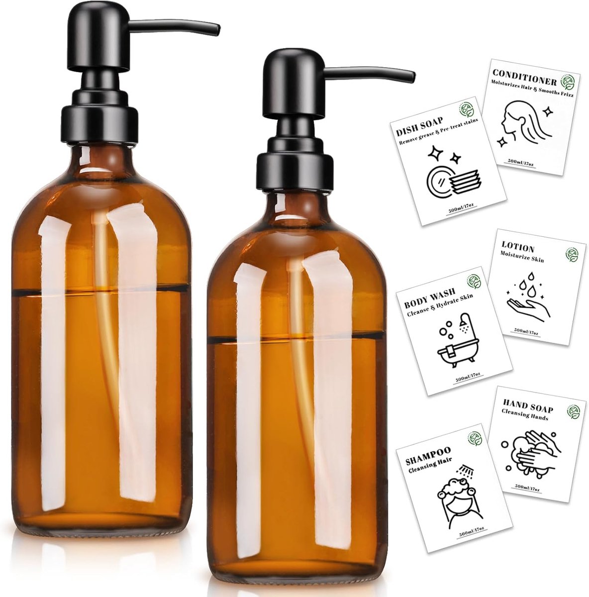 SnelShoppen - 500ml Amber Glazen Shampoo en Foam Bad Dispenser met Drukpomp, Navulbare Zeephouder voor Badkamer en Keuken, Set van 2 Stuks met Labels
