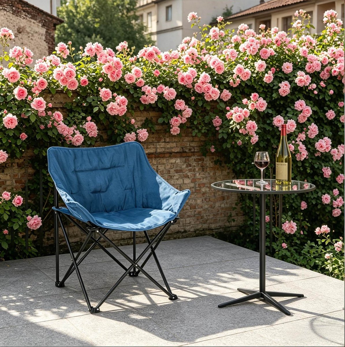 FloraGrace Tuinstoel 63 x 44,5 x 73,5 cm - Opvouwbaar En Gevoerd Met Hoge Rugleuning - Voor Camping, Tuin En Balkon - Metaal En Oxford Stof - Zwart Blauw