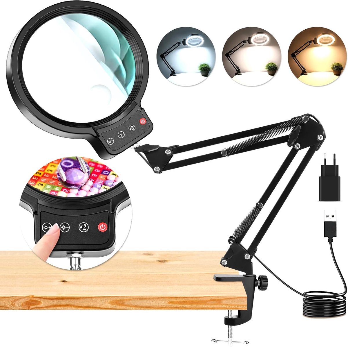 SnelShoppen - Vergrootglas met Licht en Klem 10X 30X - Verlichte Vergrootglaslamp met 36 LED's - 3 Kleurmodi - Handsfree Bureaulamp voor Lezen, Handwe