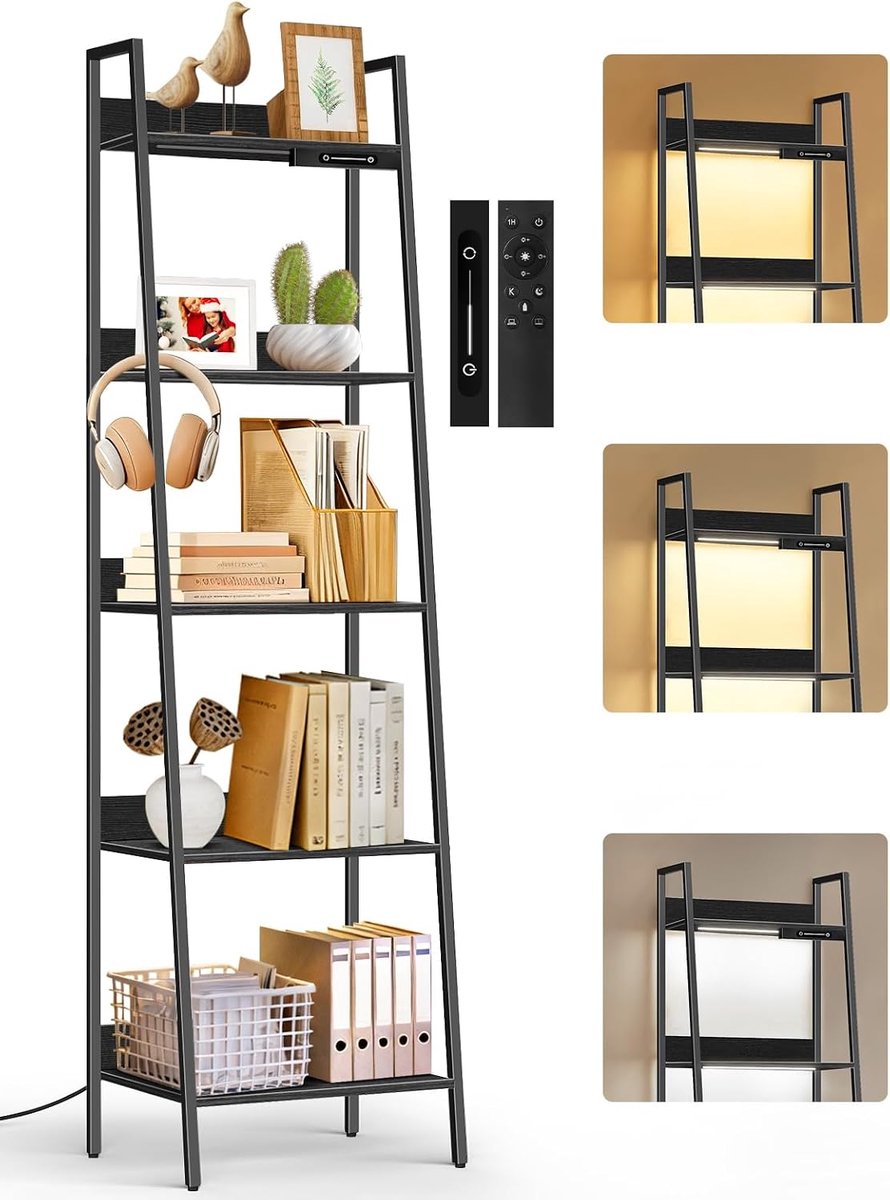 SnelShoppen - Ladderrek 5 Niveaus met LED-Verlichting - Smalle Opslagboekenplanken - Industrieel Boekenrek voor Woonkamer, Kantoor, Slaapkamer - Stijl