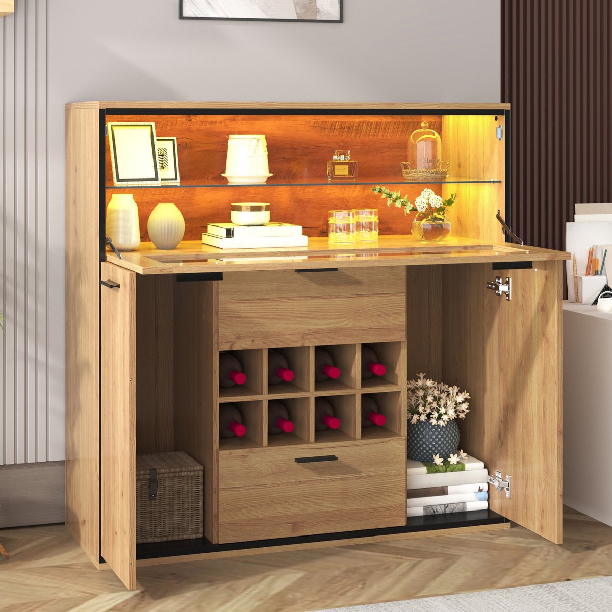 Wishdor - Dressoir - wijnkast met dubbele deuren en glasplank - modern sideboard voor woonkamer of eetkamer - houtlook en zwart - 110 x 38 x 111 cm