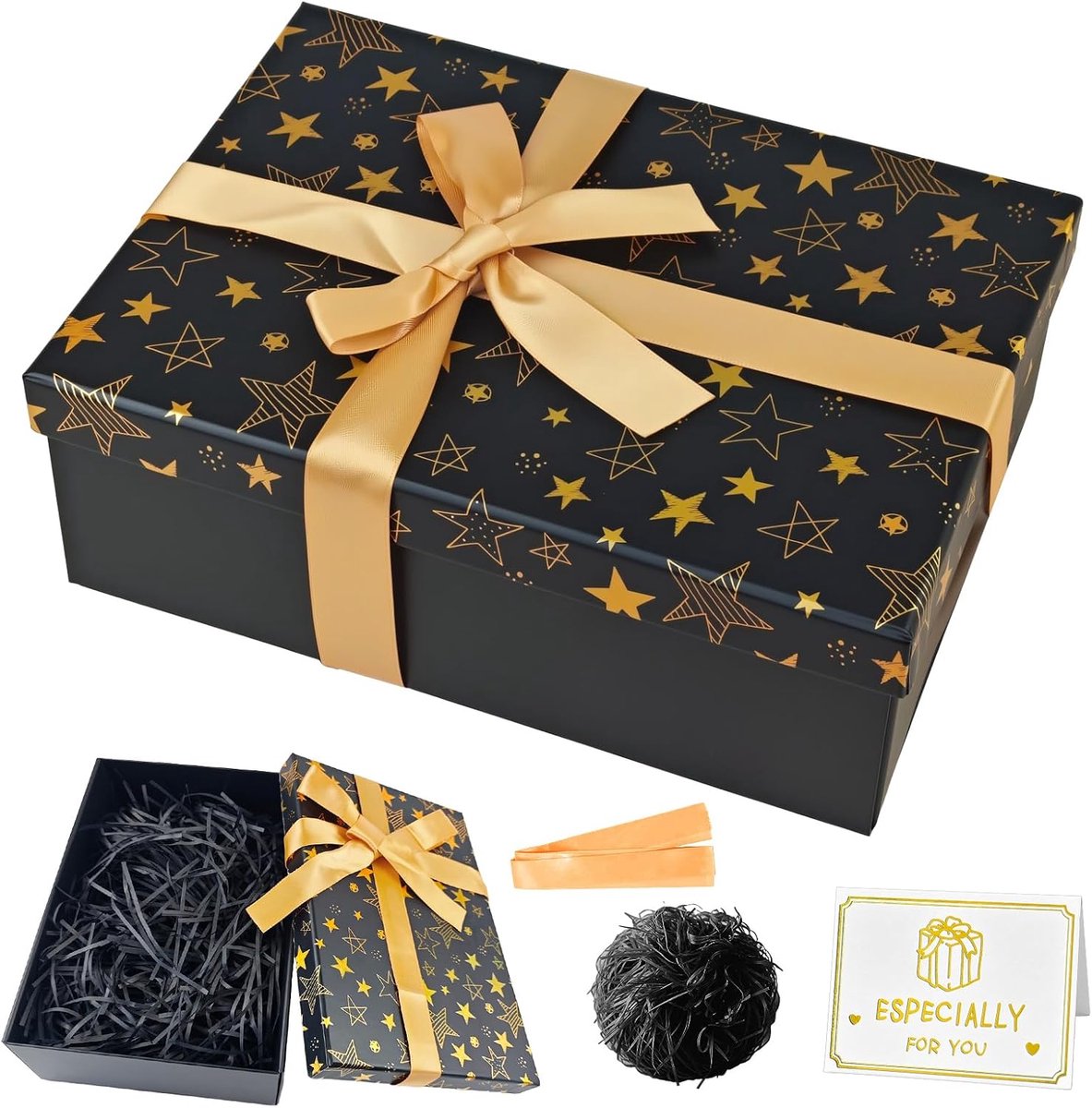 SnelShoppen - Geschenkdoos met Deksel 25 x 18 x 8,5 cm - Opvouwbare Cadeaudoos met Linten, Wenskaarten en Raffiapapier - Perfect voor Verjaardag, Kers