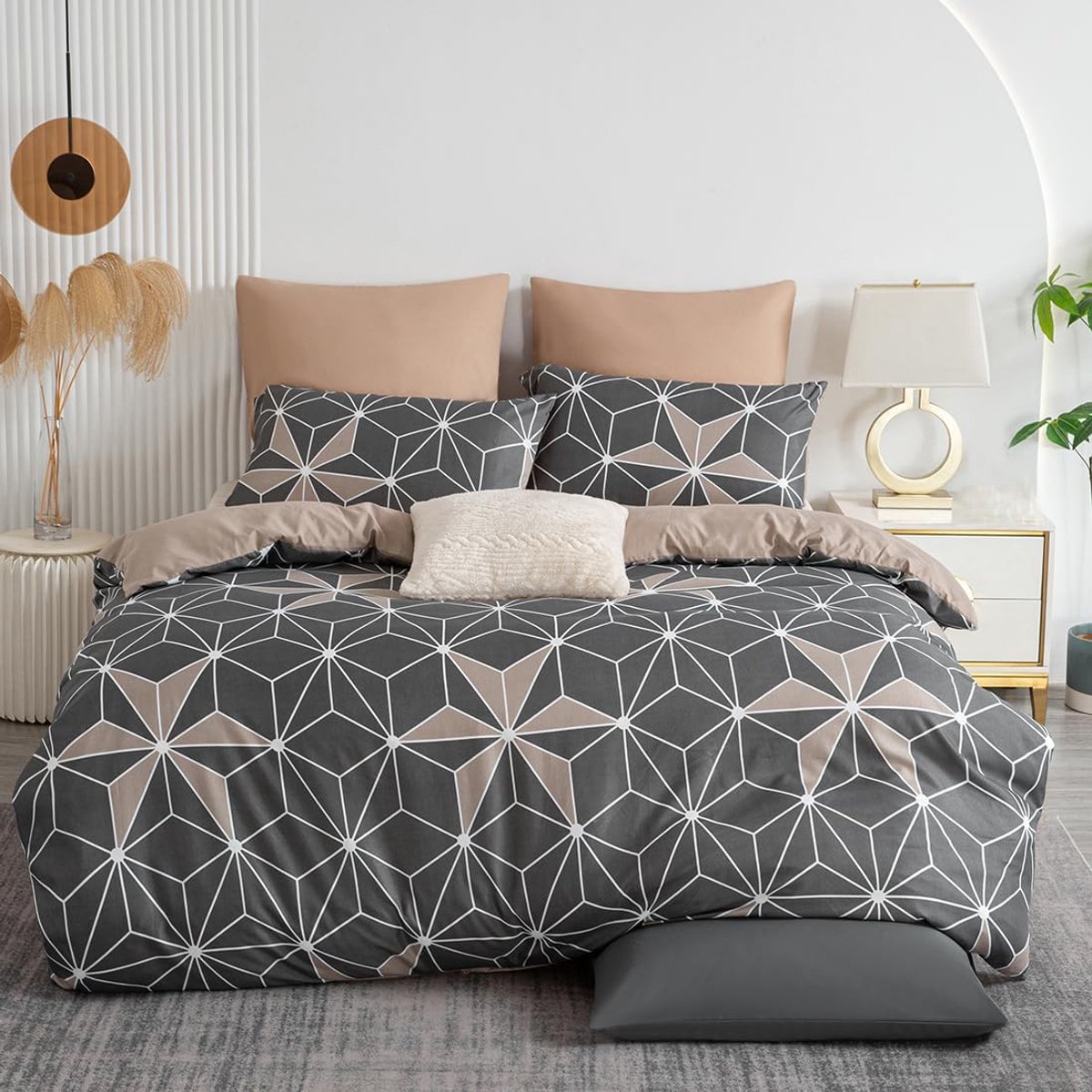 SnelShoppen - Geometrisch Beddegoedset 135 x 200 cm - Grijs Dekbedovertrek met Kussensloop - Microvezel, Kreukvrij, Wasbaar tot 60°C