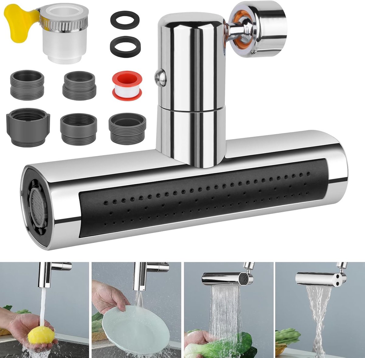 SnelShoppen - Multifunctionele 4-in-1 Keuken Waterkraan Attachement met 360° Rotatie, Waterbesparend en Antispat, Ideaal voor Thuisgebruik