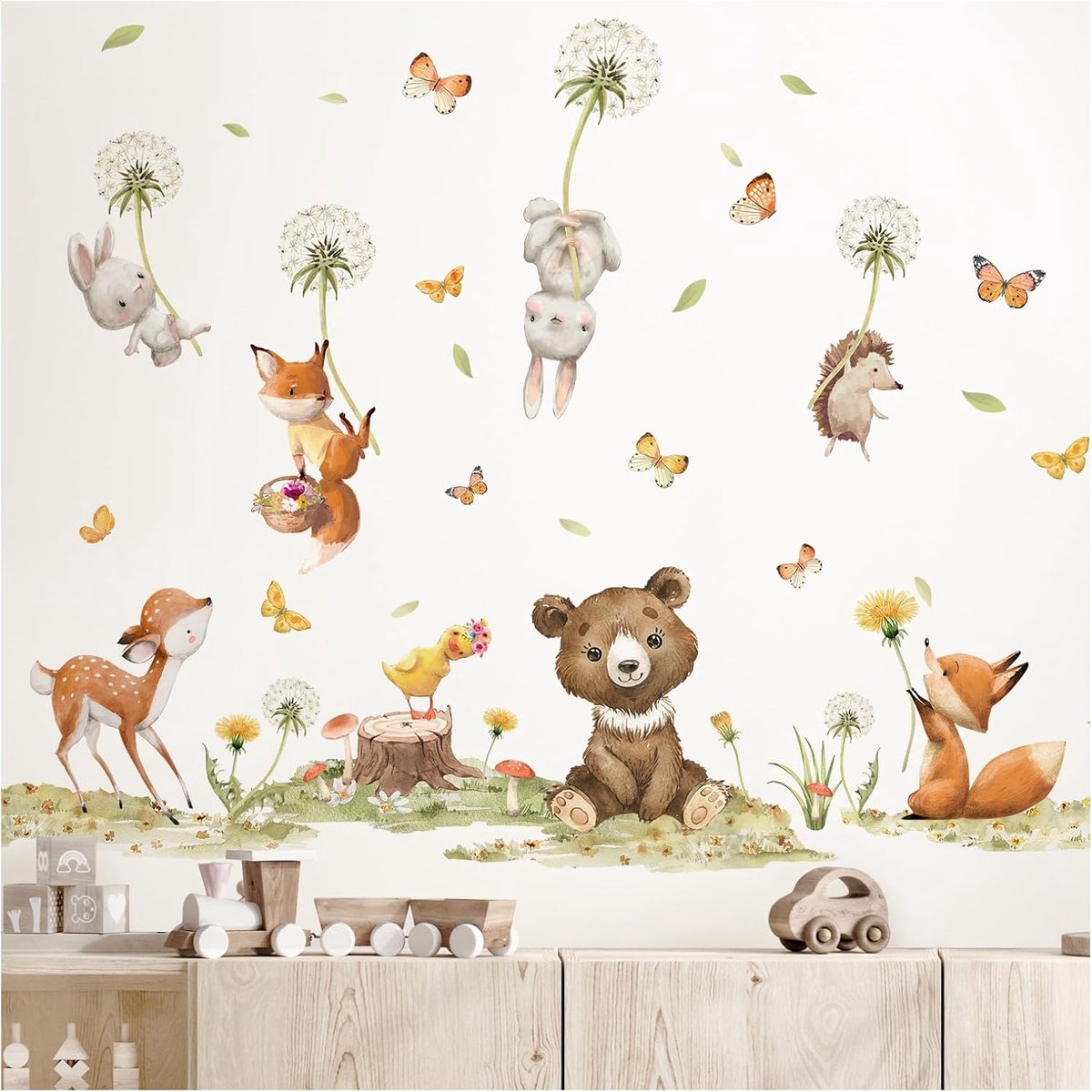 SnelShoppen - Dandelion Wanddecoratie Dieren Muurstickers voor Kinderkamer - Premium Kwaliteit Beertje, Haas en Vos - Zelfklevend - 136x85 cm - Modern