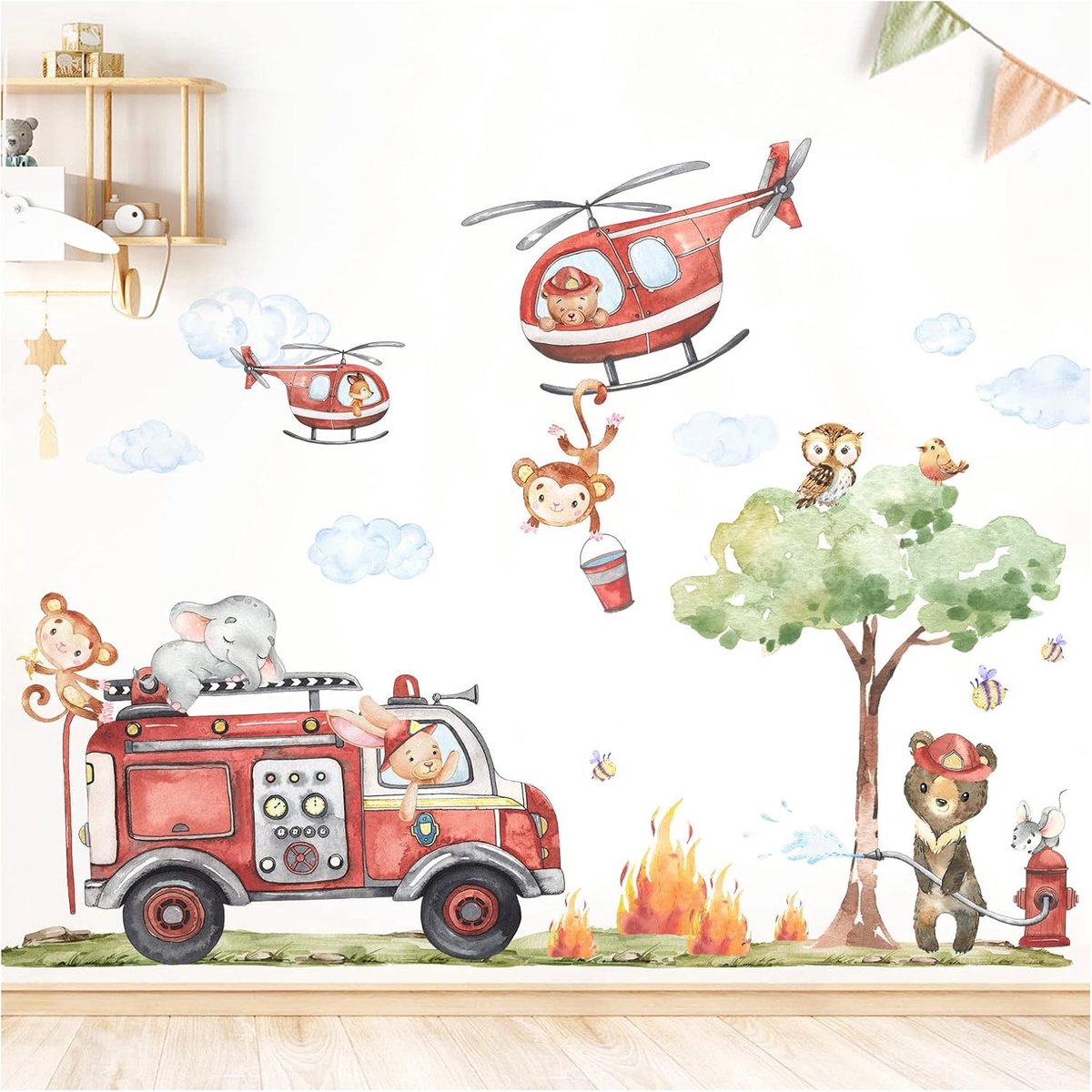 SnelShoppen - XXL Wandsticker Brandweer Dieren Set voor Kinderkamer - Zelfklevende Muurdecoratie - 147x95 cm - Perfect voor Baby- en Kinderkamer