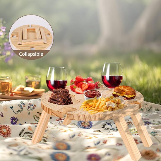 Opvouwbare Houten Picknicktafel met Wijnglashouder - Draagbare Wijntafel voor Camping, Tuin en Strand — afbeelding 5