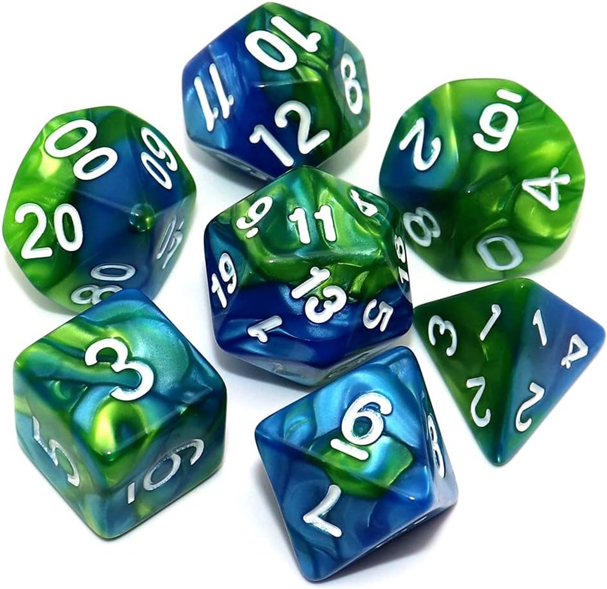SnelShoppen - Blue Mix Groene DND Dobbelstenen Set voor D&D en Pathfinder Rollenspel, Polyhedral Dobbelstenen met Dobbelzak, Perfect voor RPG Spellen