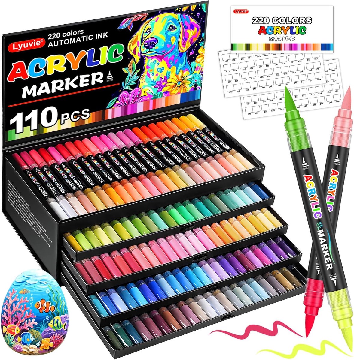 SnelShoppen - 220 Kleuren Acrylverfstiften, 110 Stuks Acrylverf Penseelpunt Pennen voor Rots, Hout, Glas, Plastic, Papier - Ideaal voor Creatieve Proj