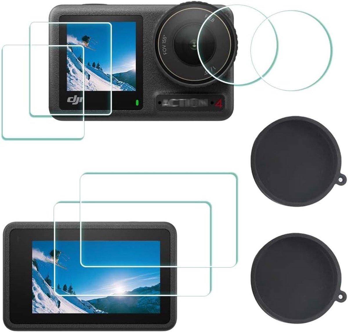 SnelShoppen - Screenprotector voor Action Camera met Siliconen Lens Cap, 0,3 mm Gehard Glas, 9H Hardheid, Krasbestendig, Anti-Bubble, 2+6 Stuks