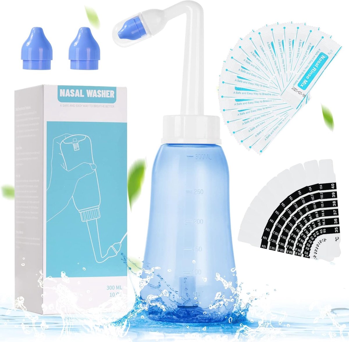 SnelShoppen - URAQT Neti Pot Sinusspoelfles 300 ml met 20 Neusspoelzoutpakketten en 10 Thermometerstickers, BPA-vrij Neusspoelset voor Kinderen en Vol