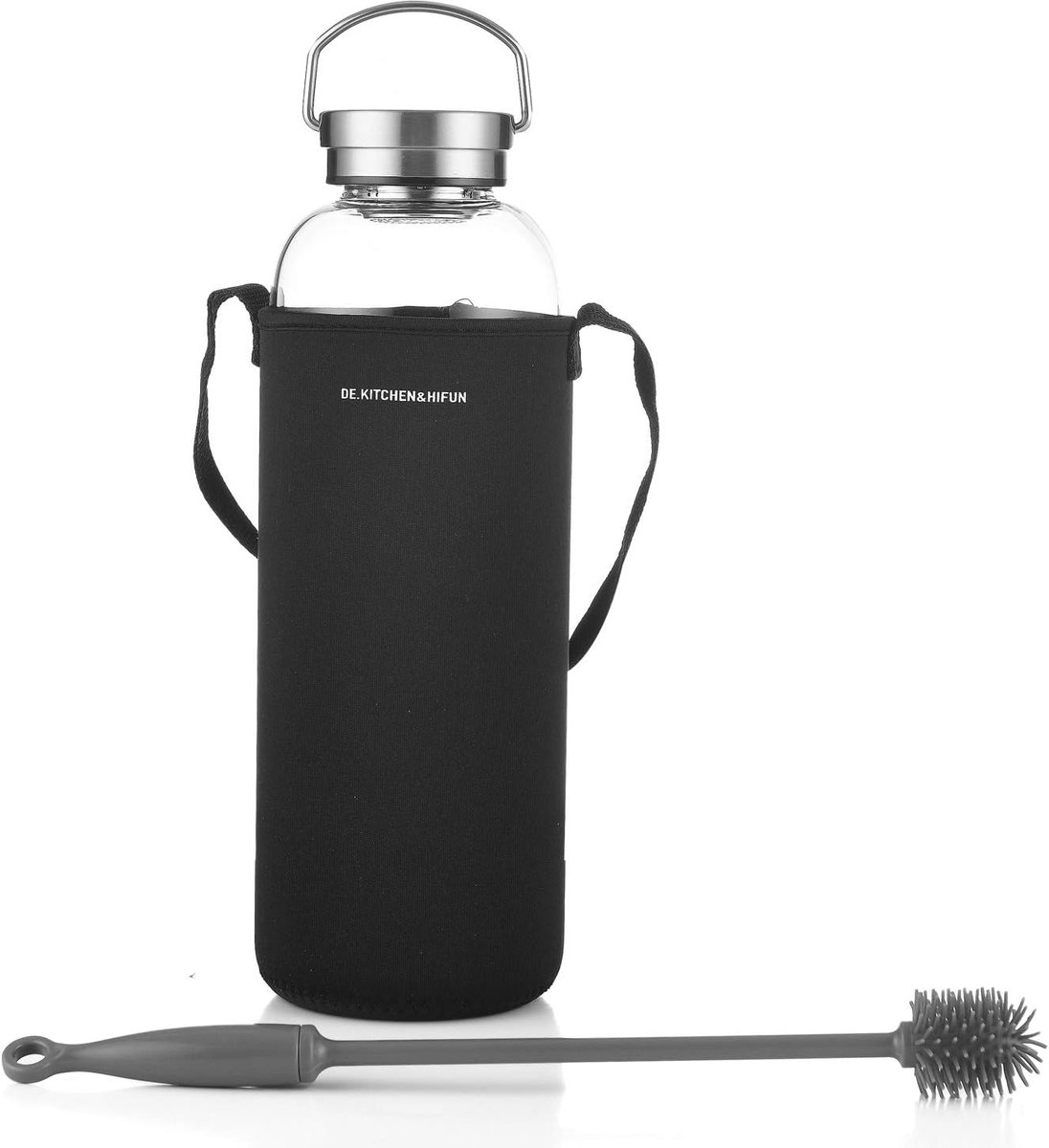 SnelShoppen - Glazen Waterfles 2L - Borosilicaatglas - Grote Fles met Filter en Stalen Stop - Voor Sap, Water, Camping, Keuken, Tuin - 64 oz