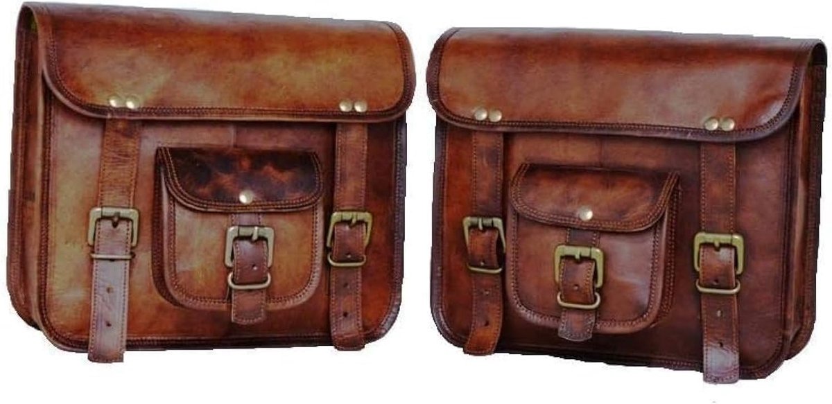 SnelShoppen - Motorfiets Zadeltassen Bruin en Zwart Lederen Zijzak - Set van 2 - Geschikt voor de meeste motoren - Luxe motortas voor accessoires