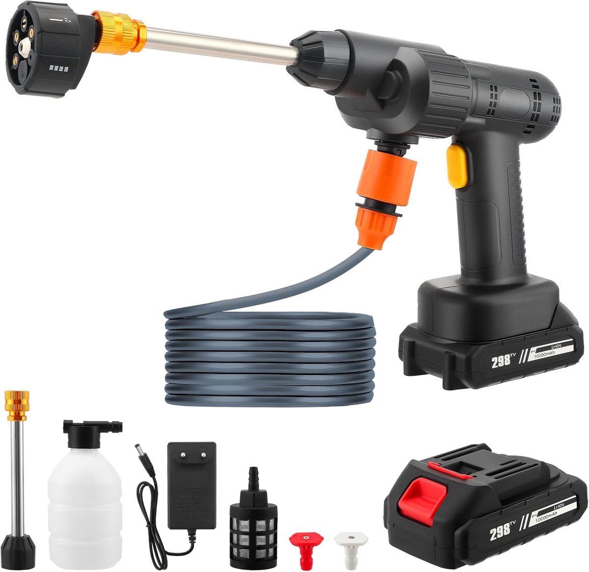 SnelShoppen - Draadloze Accu Hogedrukreiniger 21 V met 2 x 6000 mAh Accu, 36 Bar Mobiele Drukreiniger, 240 W Krachtig, 4 l/min Waterstroom voor Auto,