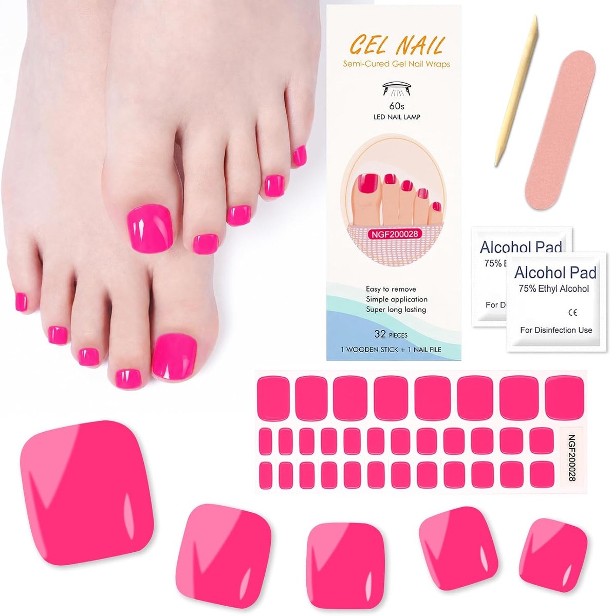 SnelShoppen - 32 stuks Roze Teennagelfolie, Zelfklevende Teennagelstickers, Nagelwraps voor Dames, UV-Hardende Pedicure-Wraps, Meerdere Maten, Nagelku