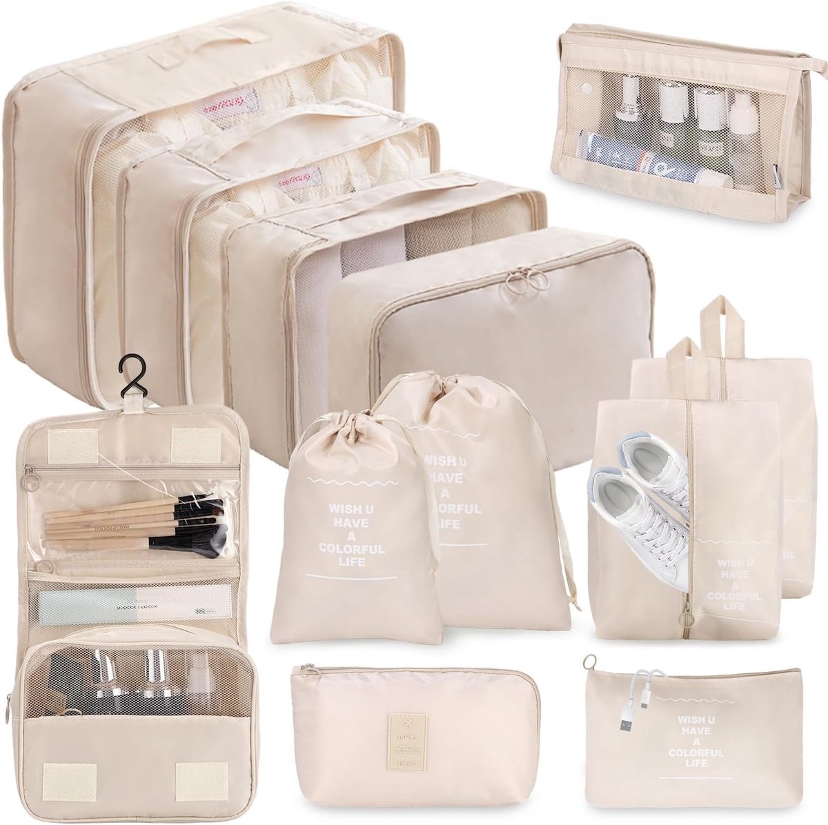Koffer Organiser Set - Reis Tassen - Bagage Inpakken - Waterproof Materiaal - 12 Delig - Beige