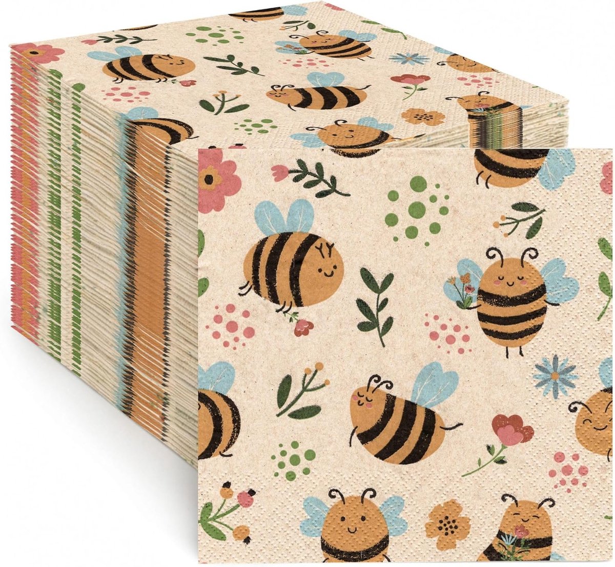 SnelShoppen - 100 Vrolijke Feestservetten met Bijen op Bloemen, Gerecycled Papier, 2-laags, 33 x 33 cm, Milieuvriendelijk, Ideaal voor Tuinfeest, Cate