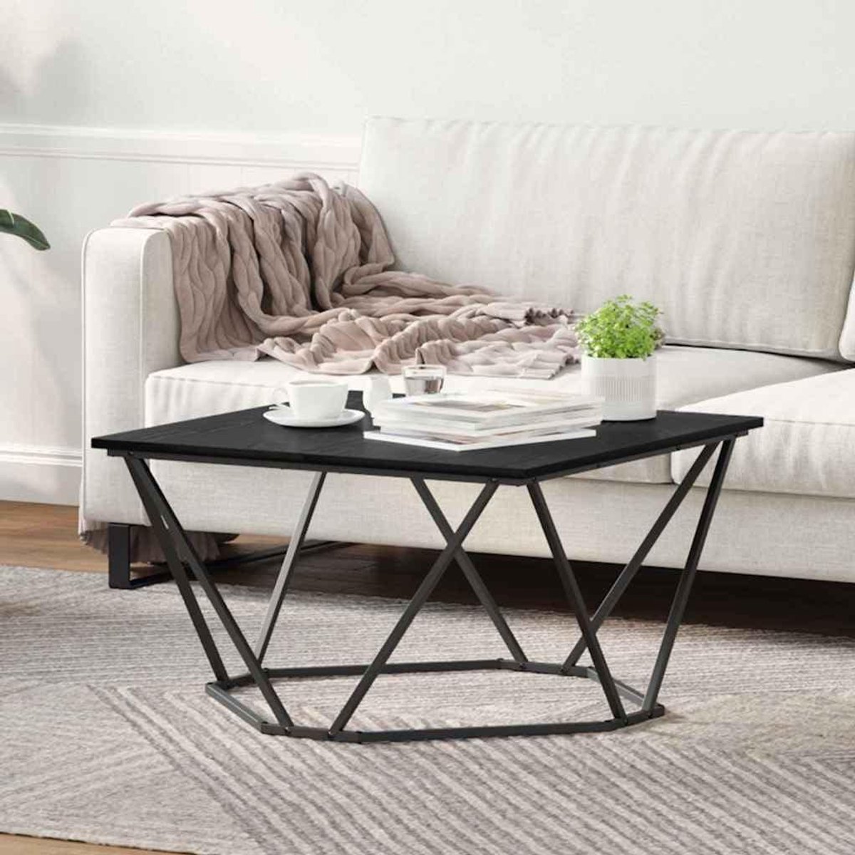 Salontafel - Koffietafel - Woonkamer Decoratie - Stabiel Stalen Frame - 80x80x45 cm - Zwart Eikenlook