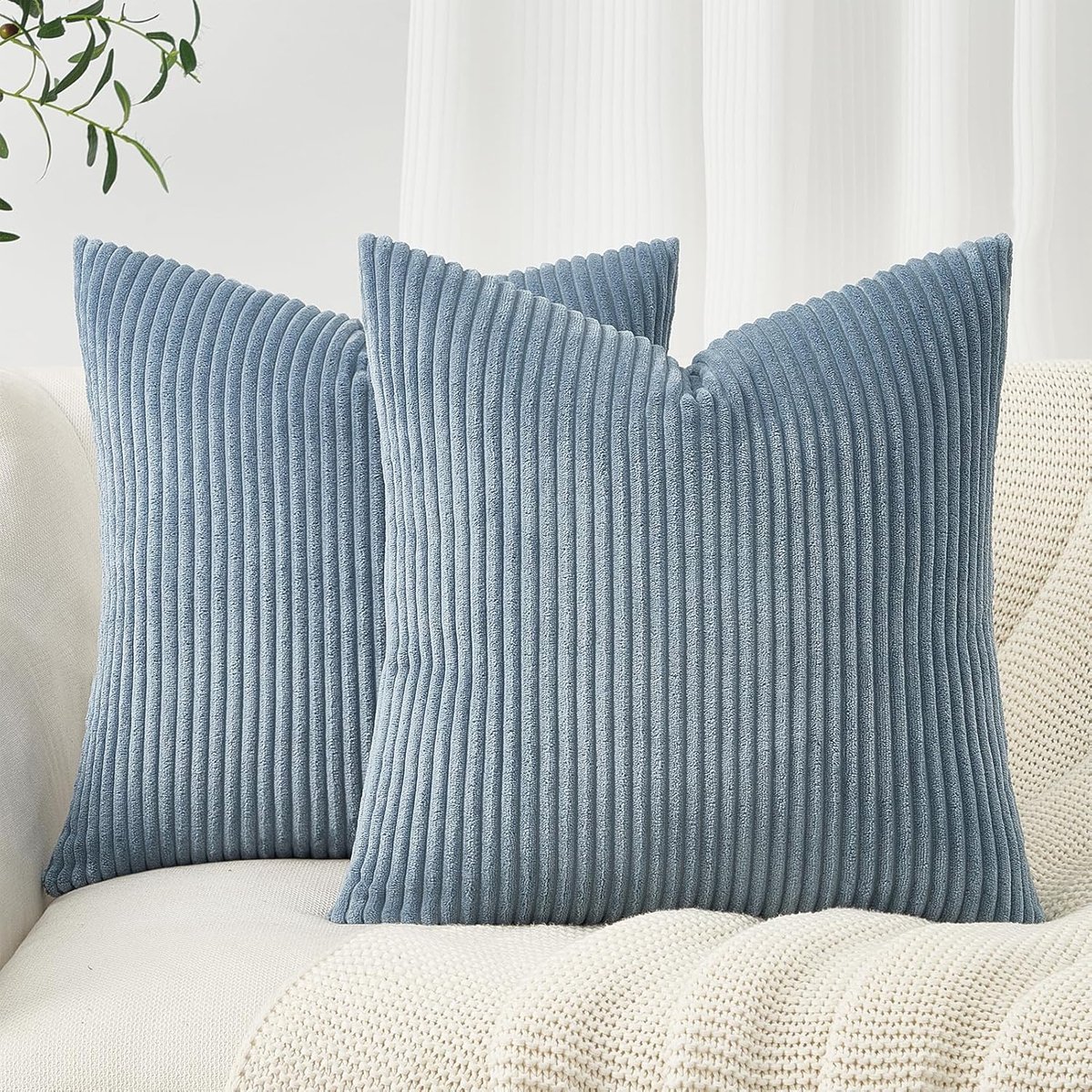 SnelShoppen - Kussenslopen 45 x 45 cm, Lichtblauw Corduroy Fluweel, Set van 2, Gestreept Patroon, Sierkussen voor Woonkamer en Slaapkamer