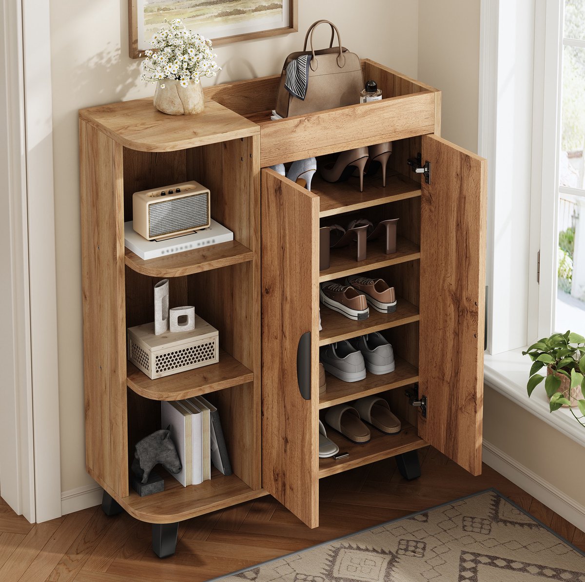 Wishdor - Schoenenkast - Smal ontwerp - Open vakken en dichte opbergruimte - Tijdloos - Voor hal en kleine ruimtes - Houtlook - Naturel - 80 x 32 x 99 cm