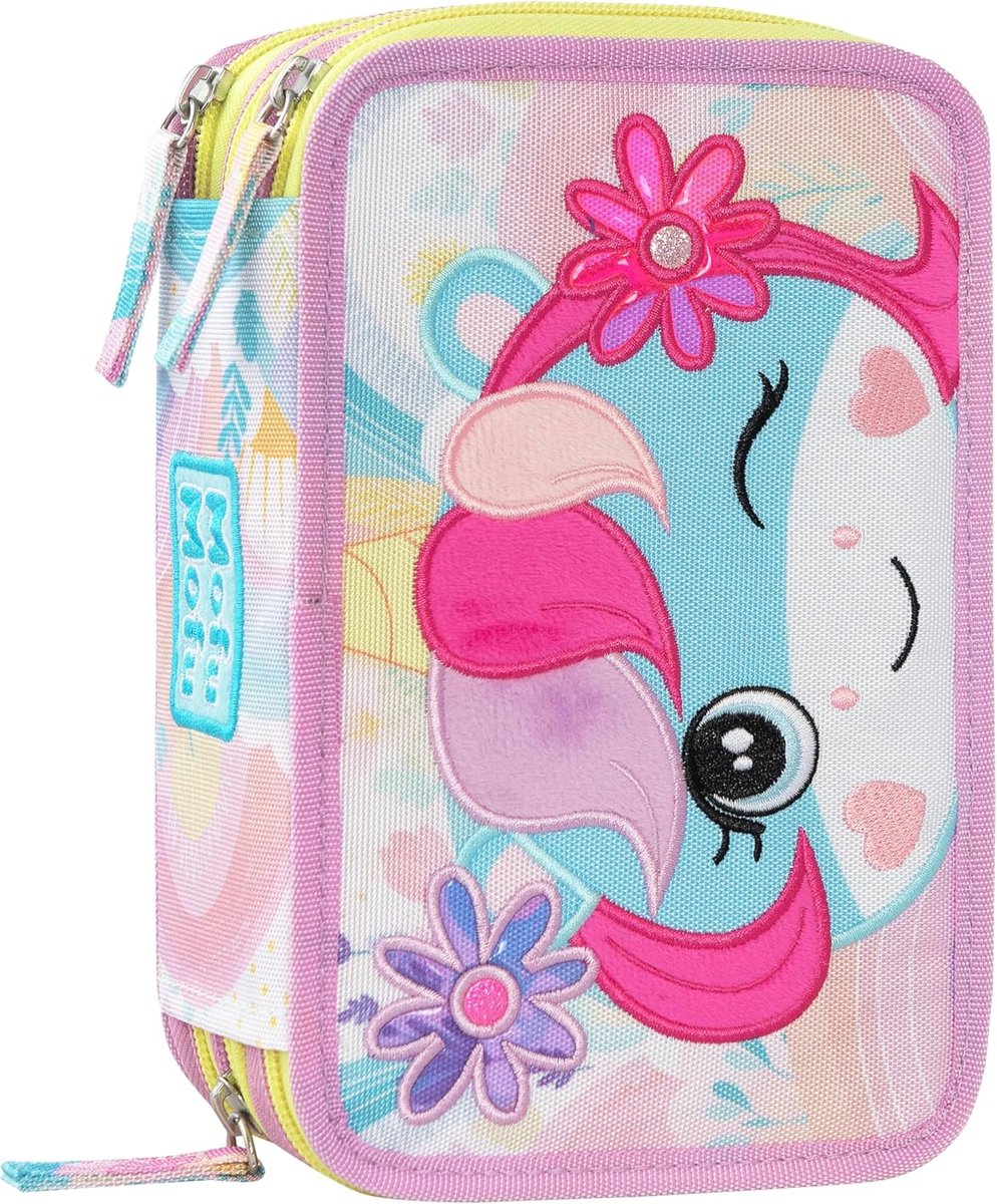 Thijox - MOFU Schooletui met 3 vakken, Ritssluiting, Schrijfwarenset, Uitwisbare Pennen in Blauw en Rood, Lila, 20 x 13 x 7 cm, Ideaal voor Schoolgebr