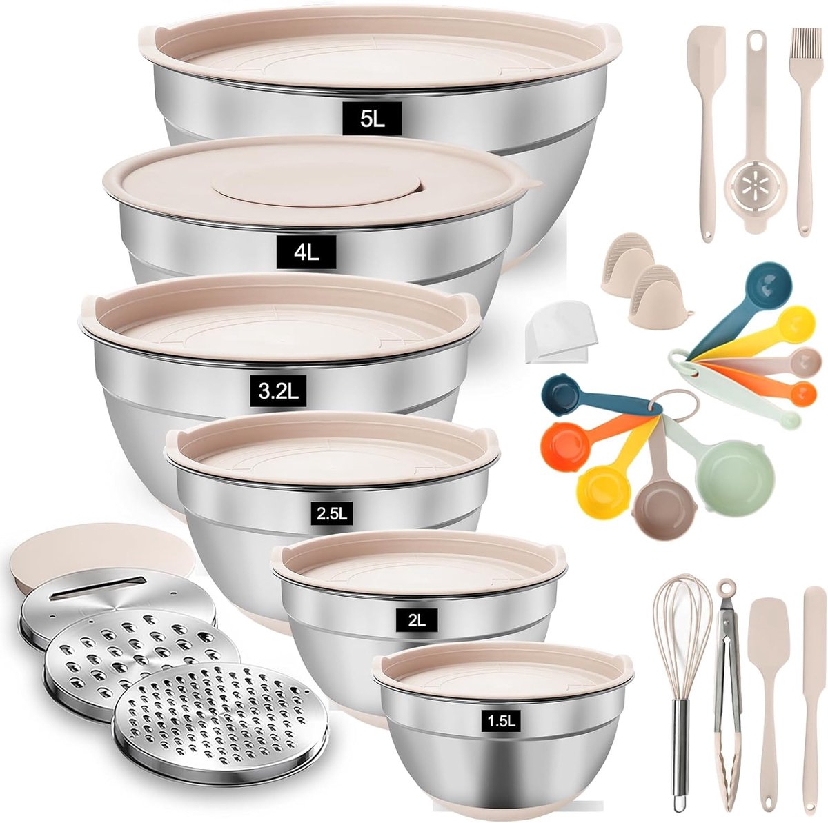 Thijox - Roestvrijstalen Mengkom Set 31-Delig met Deksel, Antislip Bodem, Nestkommen, Luchtdichte Slakom voor Keuken, Bakken, Koken, 0.8-2.9L