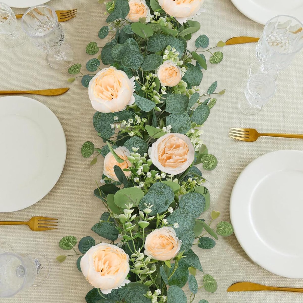 SnelShoppen - 4 Stuks Kunstbloemen Krans Eucalyptus Slinger Vintage Nepbloemen Pioenrozen Groene Decoratieve Wanddecoratie Voor Trouwerij Boog Deur Ve