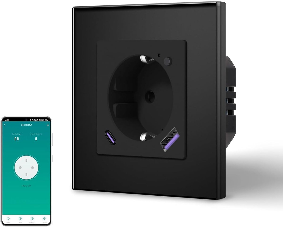 SnelShoppen - Slimme Zigbee 20W USB C Snellader Wandcontactdoos met Vermogenmeting, Werkt met Alexa en Google Home, Zwart, Ideaal voor Thuisgebruik