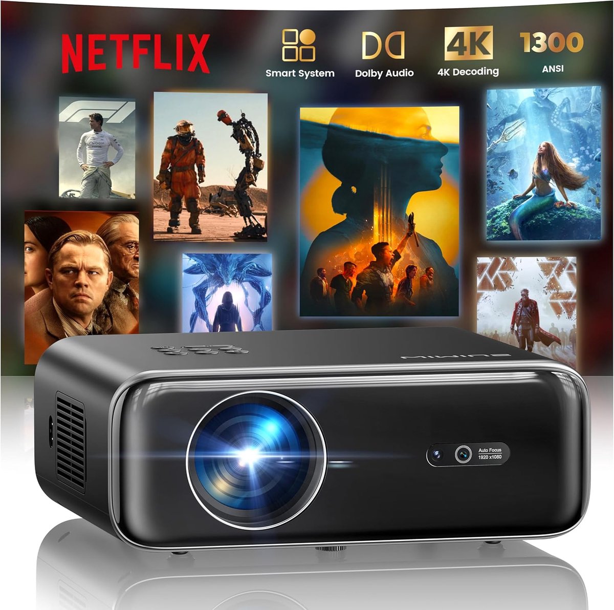 SnelShoppen - Smart Beamer met Autofokus en Trapezcorrectie, 1300 ANSI, 4K Home Cinema, WiFi Bluetooth, Full HD 1080P Projector voor Buiten, Camping,