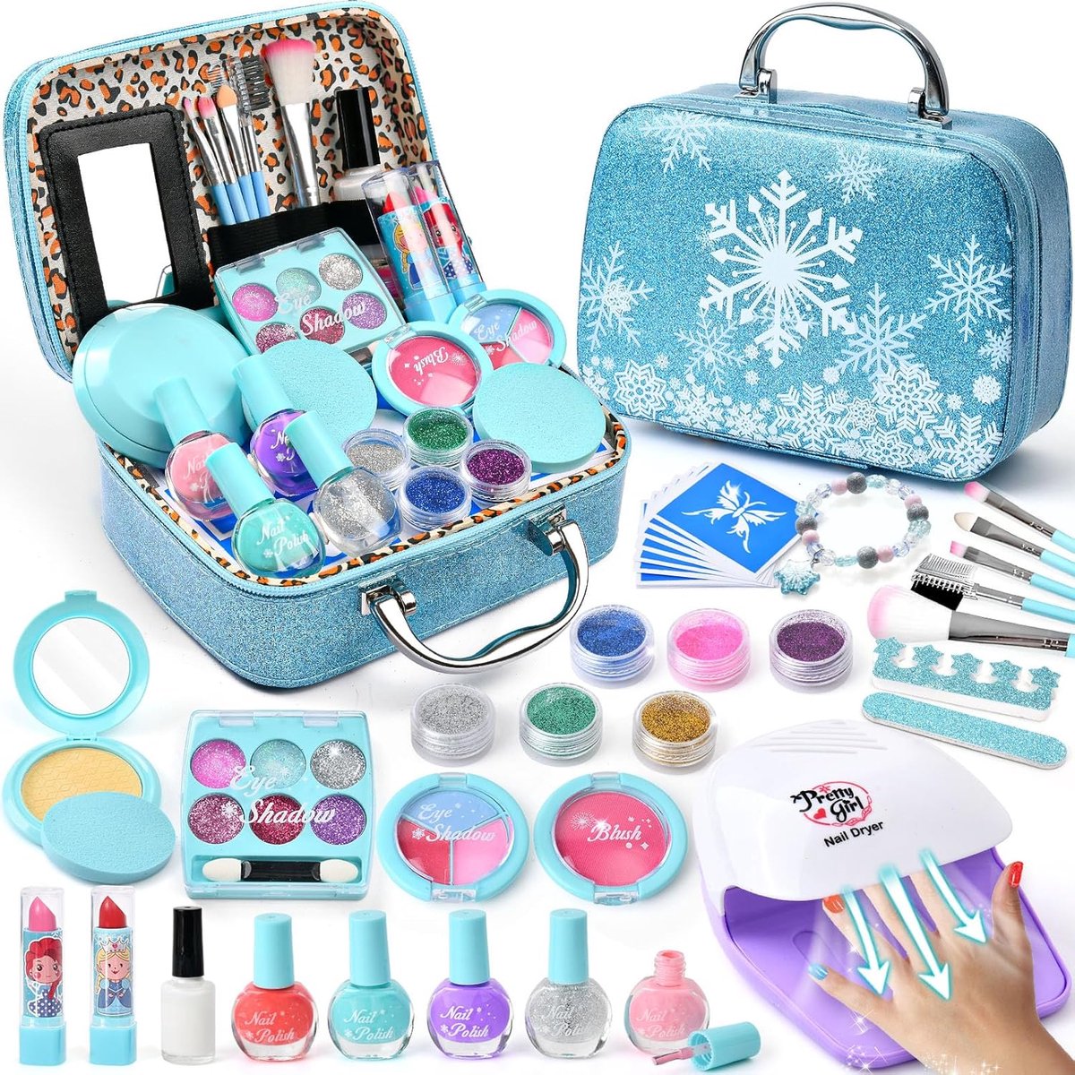 SnelShoppen - Kinder Make-up Set voor Meisjes 4-8 Jaar met Nageldroger, Peel Off Nagellak, Glitters Tatoeages, Make-up Koffer, Nagelsalon, Rollenspel