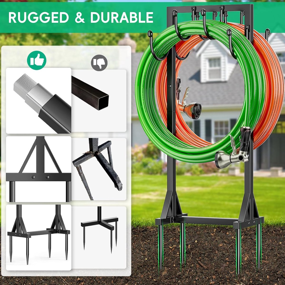 SnelShoppen - Dubbele Tuinslanghouder 116 cm - Robuuste Zelfondersteunende Metaal Tuinslanghouder met Haken - Perfect voor Tuin en Buiten