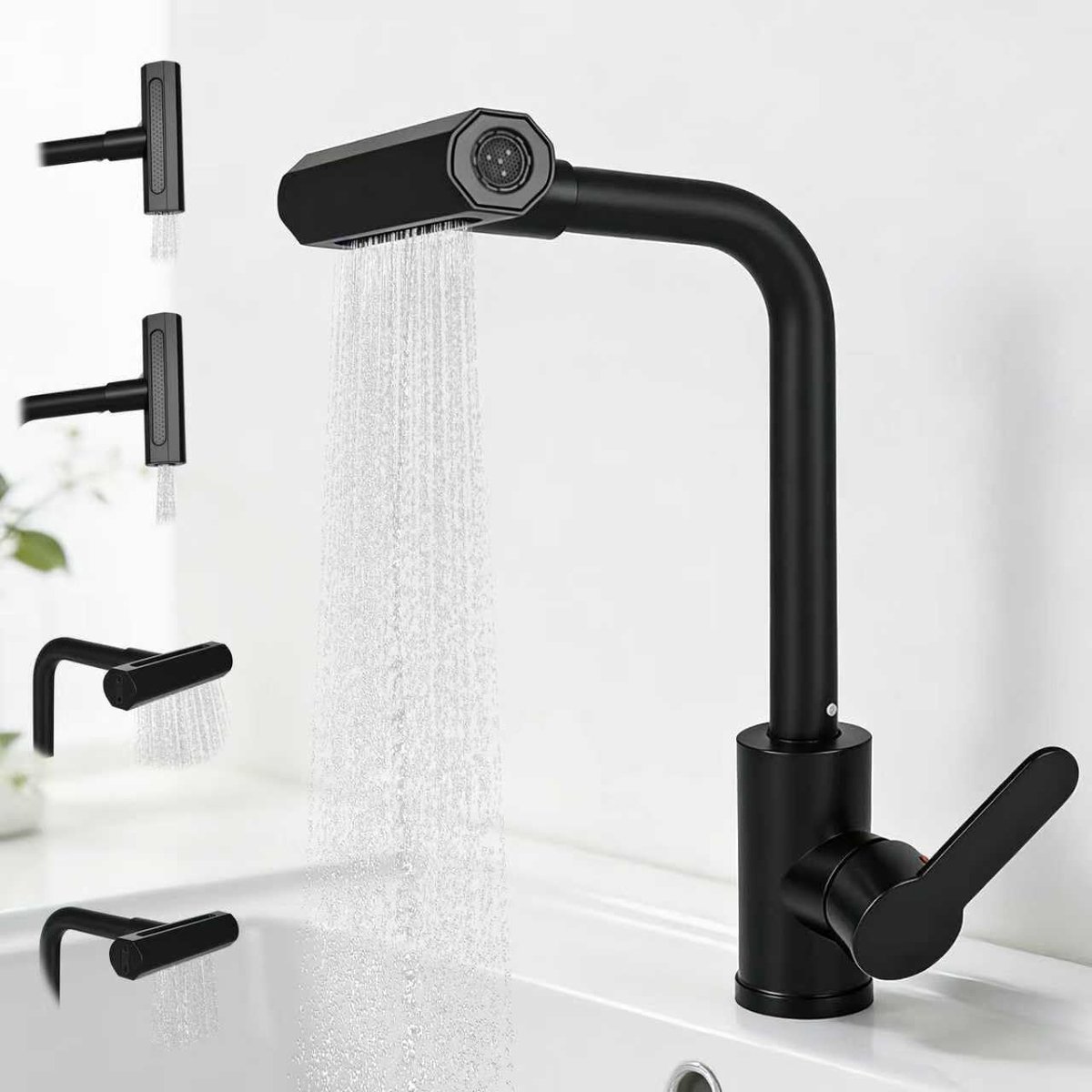 SnelShoppen - Waterfall Keukenkraan met 4 Jet Types, 360° Draaiend, Mengkraan, Rvs & Zwart, Enkele Hendel, Modern Design, Ideaal voor Keuken en Badkam