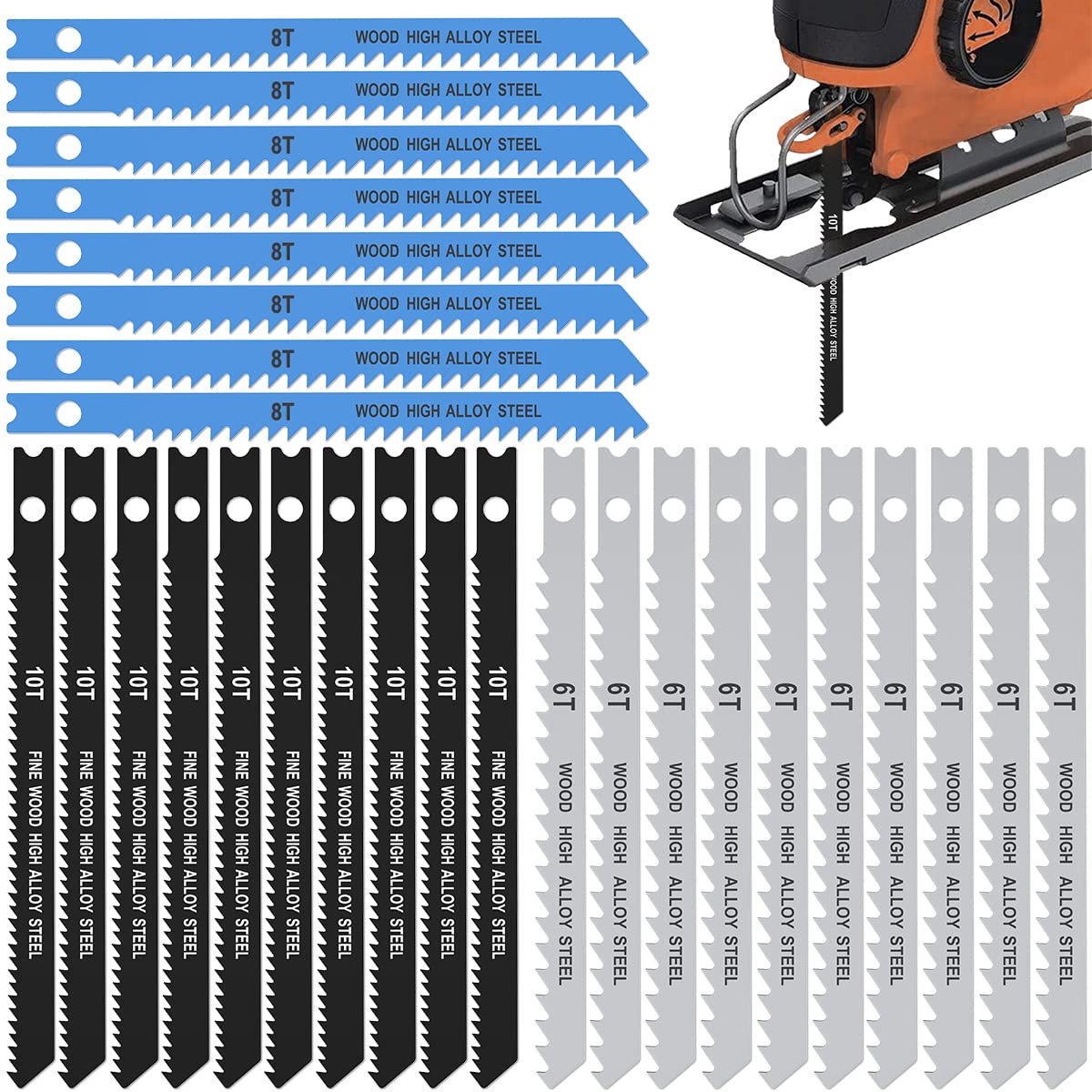 SnelShoppen - 25-delige Jigsaw Zaagblad Set 6T 8T 10T Carbon Staal, Diverse U-vormige Snijbladen, Snelle Snede Houtbewerking Gereedschap voor Hout, Me