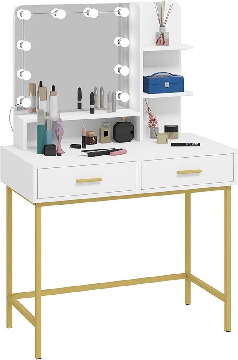 SnelShoppen - Dressing Table met LED Verlichting en Spiegel 90x137x45 cm Wit Goud - Make-up Tafel met Kruk voor Slaapkamer, Beauty, en Feest