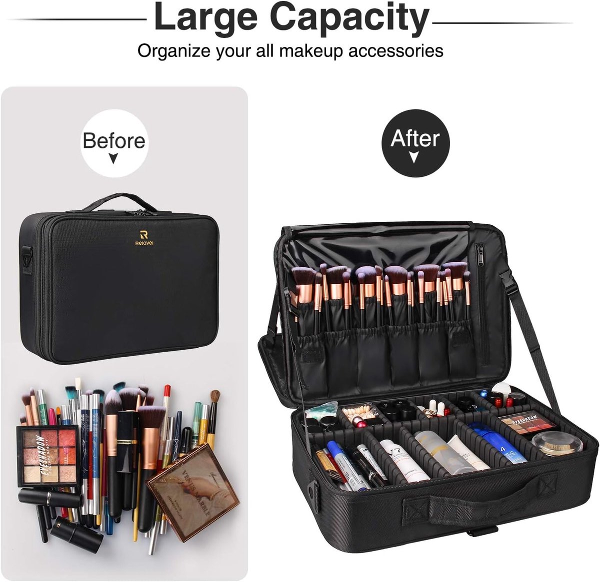 Thijox - Professionele Make-up Trein Case Cosmetische Tas Borstel Organizer 16.5" - 3 Laags met Verstelbare Riem - Grote Capaciteit - Zwart - Perfect
