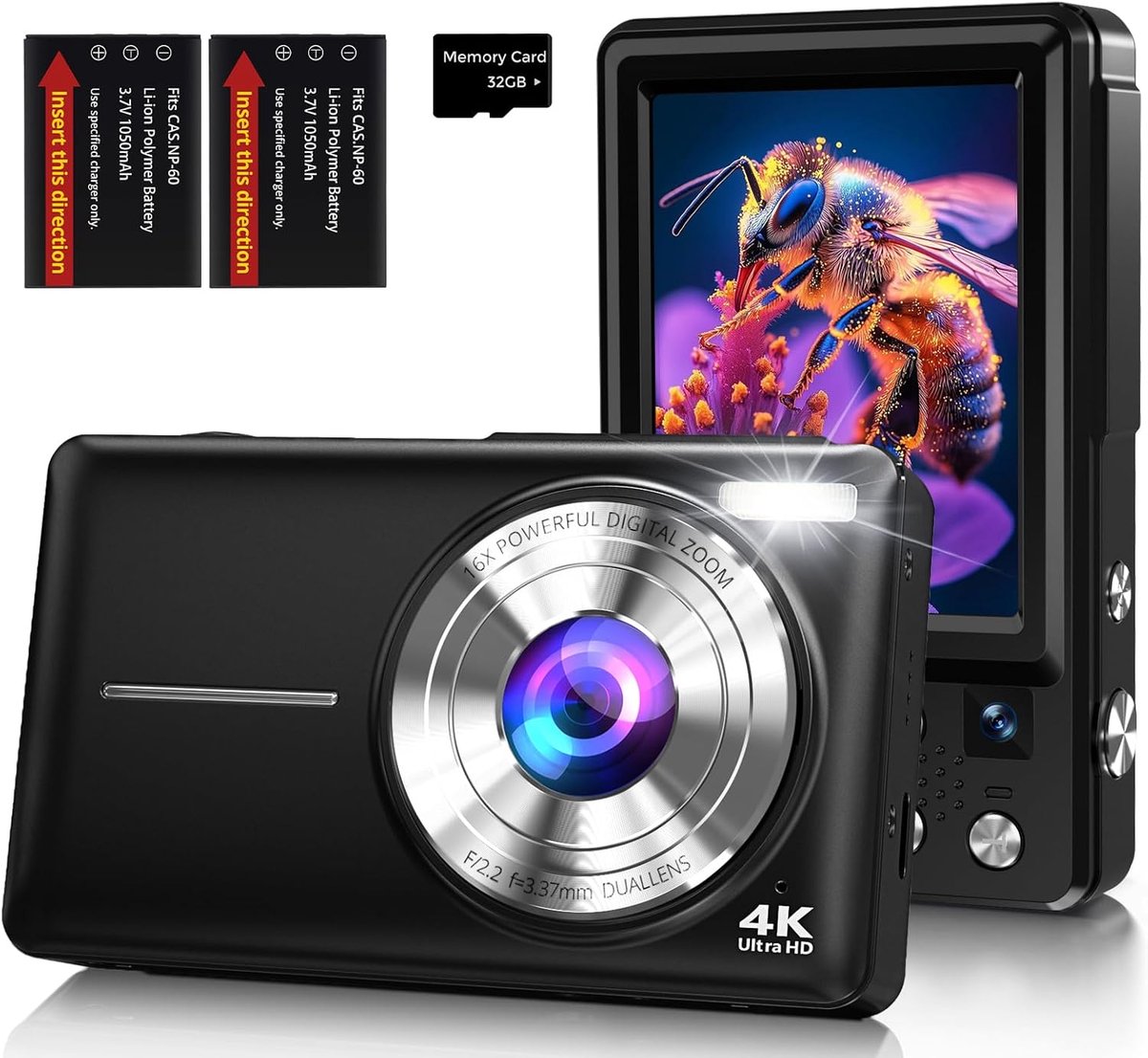 SnelShoppen - Digitale Camera 4K 64MP met Dubbele Lens, Auto Focus, 2.8 Inch IPS Scherm, 16-Way Digital Zoom, Anti-Vibratie, 2 Batterijen en 32GB Kaar