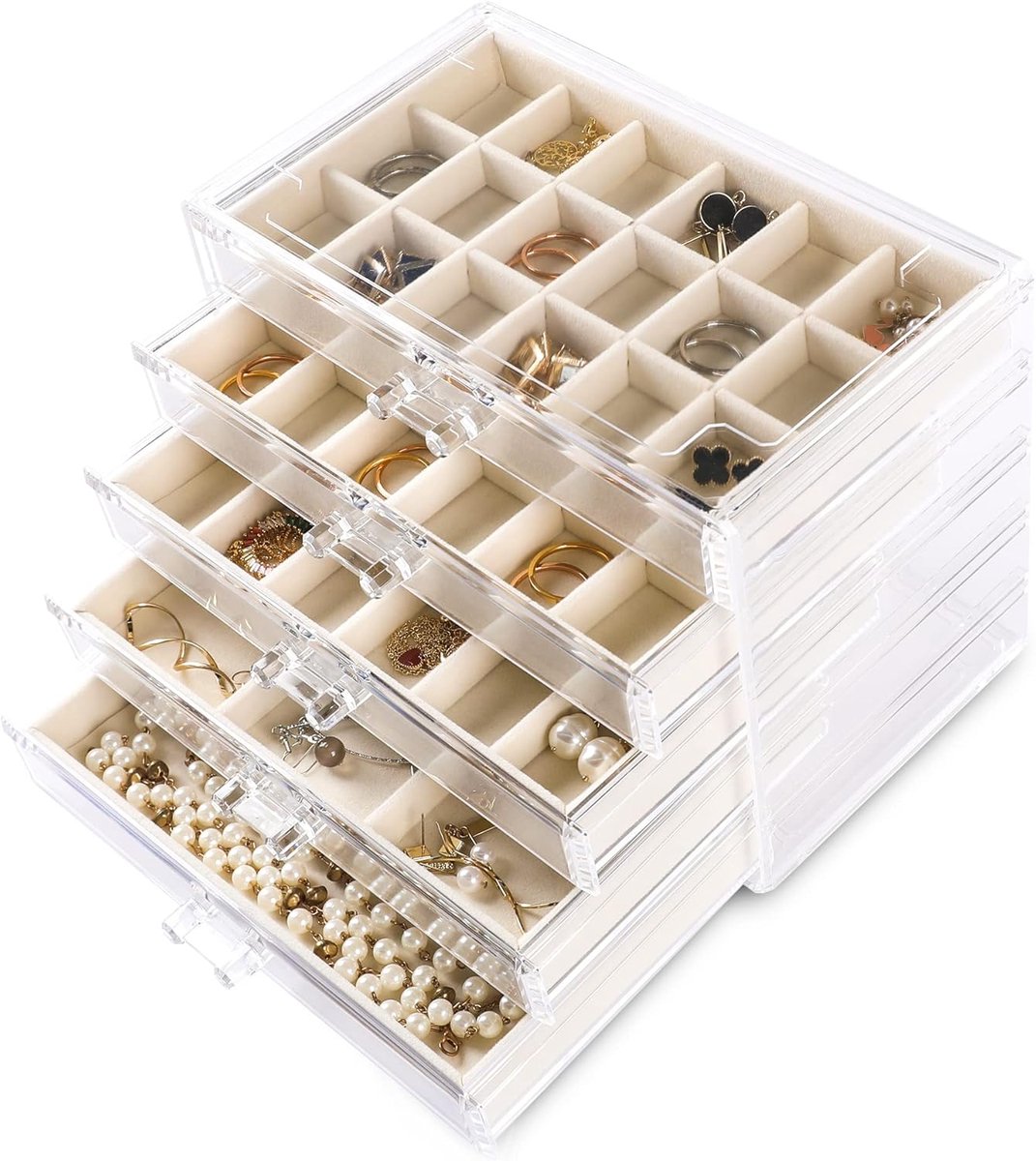 Thijox - Acryl Sieraden Organizer met 5 Laden - Doorzichtige Sieradendoos met Fluwelen Trays voor Oorbellen, Ringen, Studs en Armbanden - Stapelbare O