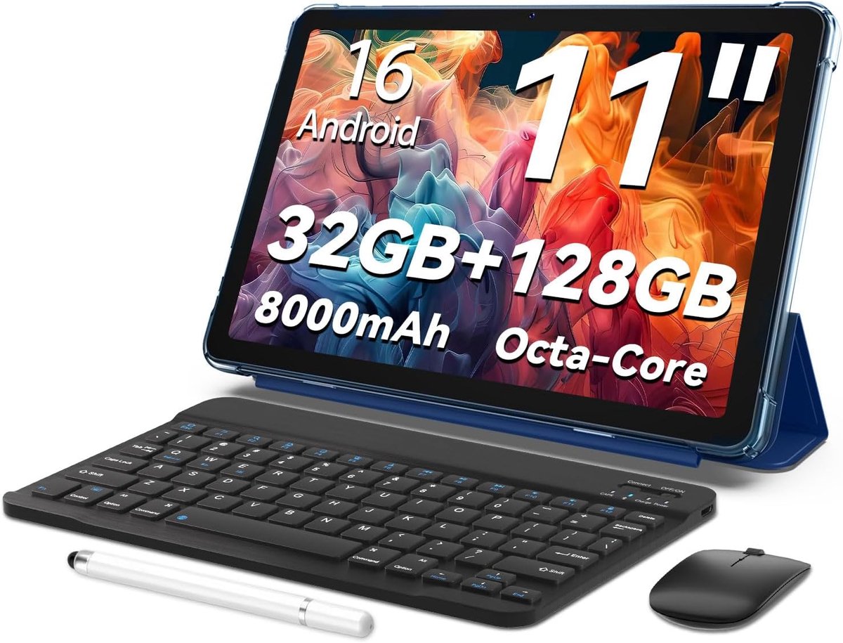 SnelShoppen - Android 16 Tablet 11 Inch, 32GB + 128GB, Uitbreidbaar tot 1TB, Productiviteitsbundel met Toetsenbordhoes, Stylus, Octa-Core Processor, D