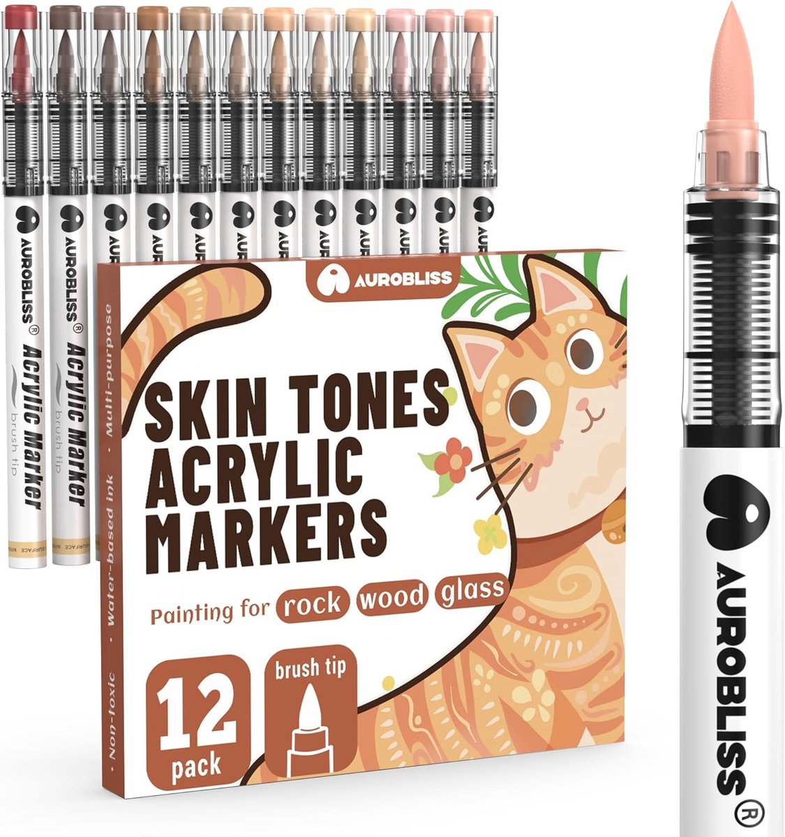 SnelShoppen - 12 Skin Tones Acrylverf Pens met Brush Tip - Permanente Water-Based Markers voor Rock Painting, Glas, Keramiek, Hout, Stof, Creatieve DI