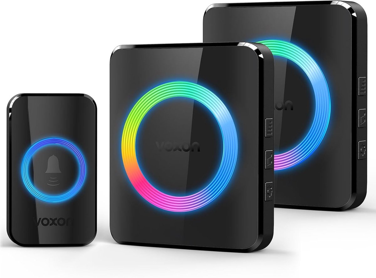 SnelShoppen - Draadloze Deurbel Set met 2 Ontvangers en 1 Transmitter, 400m Bereik, IP65 Waterdichte Buiten Deurbel, 60 Melodieën, RGB Licht, Zwart