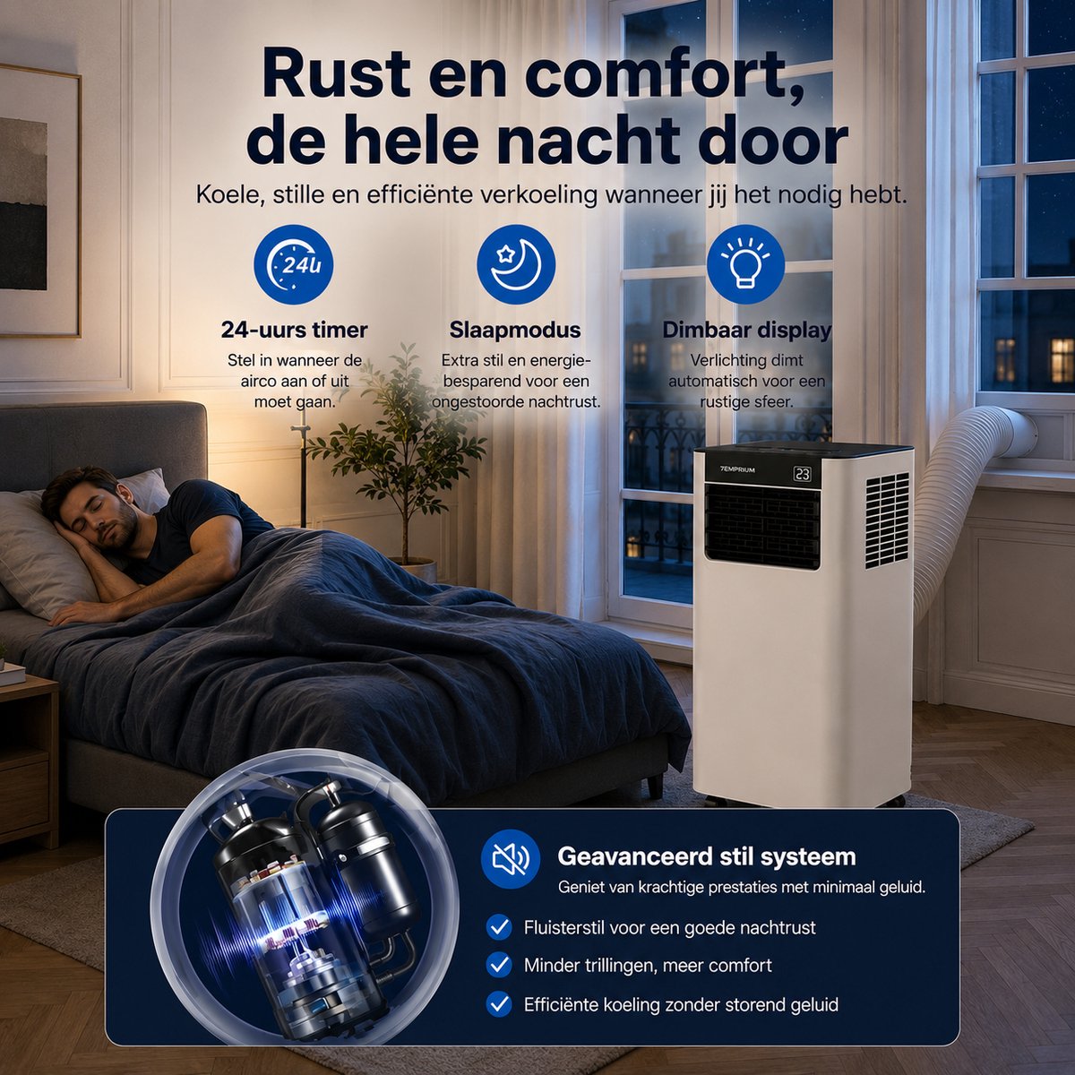 Temprium mobiele airco 7000 BTU SMART - Met afvoerslang - Draagbare Airco met App Bediening – 3 in 1 Koelen, Ventileren & Ontvochtigen – Airco Voor Slaapkamer en Woonkamer – Inclusief Raamkit — afbeelding 6