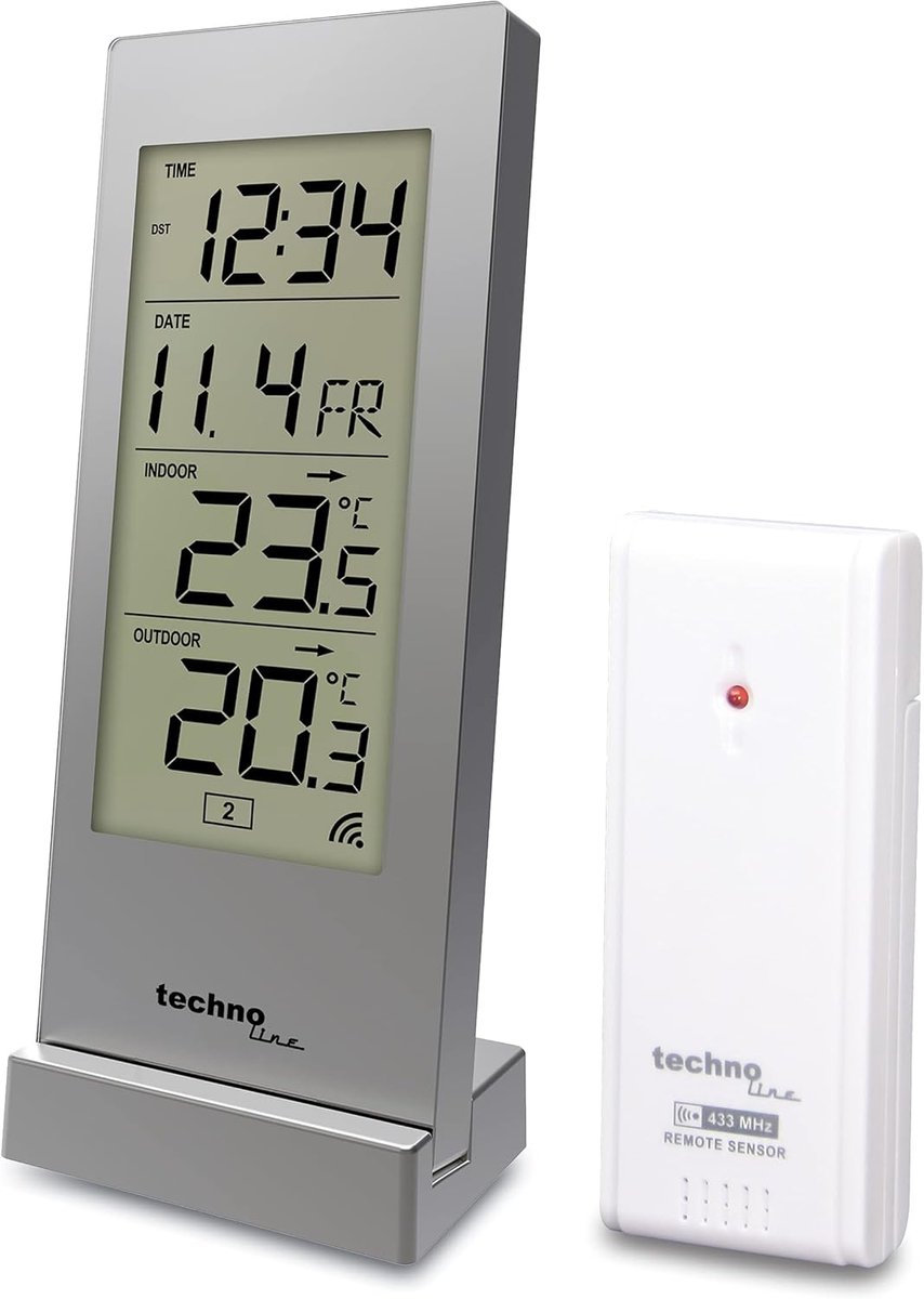 SnelShoppen - Vintage Thermometer Hygrometer Wetterstation WS9767 - Analoog Temperatuurweergave - Metalen Grijs/Zilver - Alarmfunctie voor Woonkamer