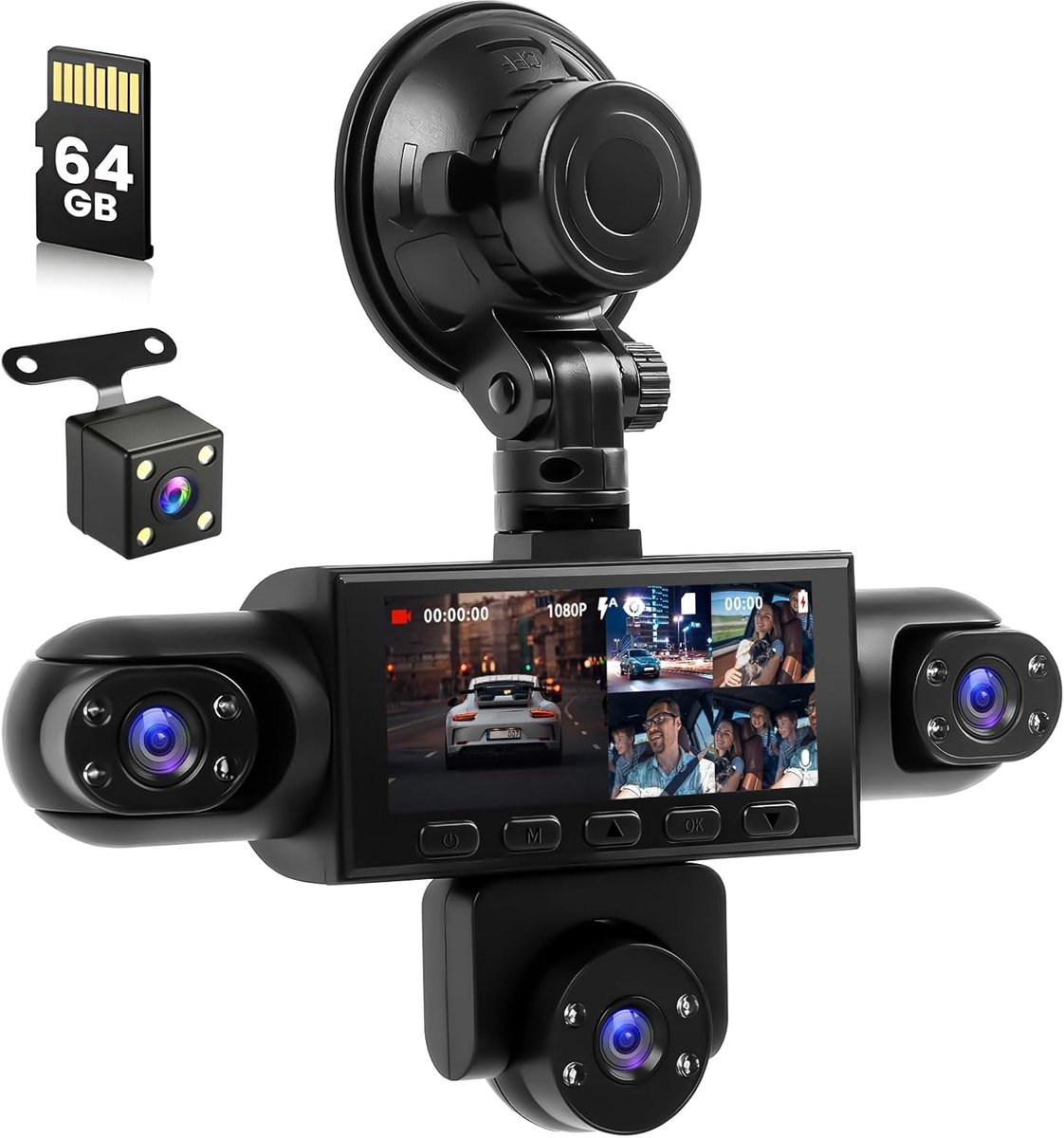 SnelShoppen - 5-kanaals Dashcam Auto 1080P Camera met 3,2 Inch Touchscreen, Nachtzicht, Groothoek en 64G SD-kaart - Perfect voor Veilig Rijden en Opne