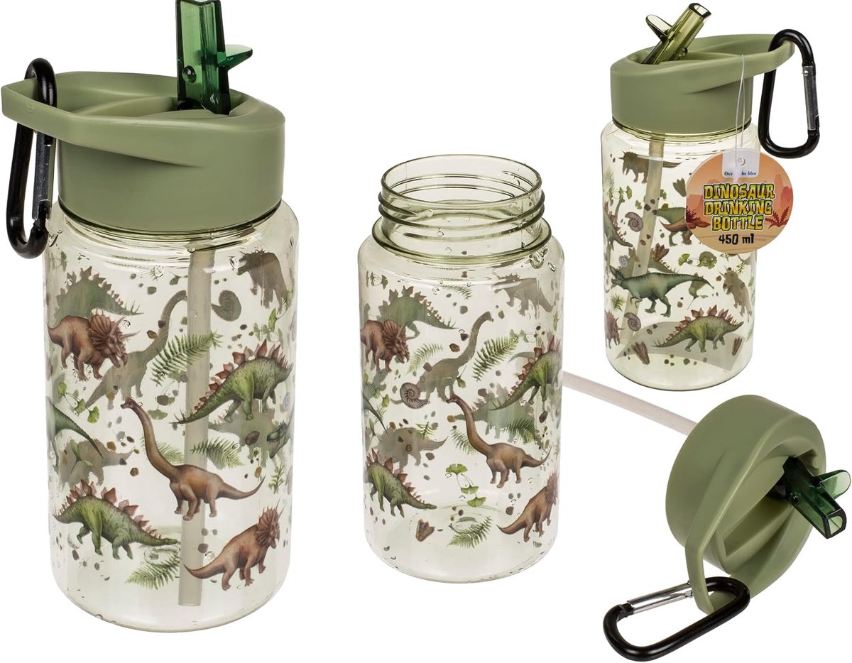 SnelShoppen - Dino Drinkbeker met Straw en Karabiner - 450ml - Kindvriendelijke Waterfles voor Jongens en Meisjes - Leuk en Praktisch voor School, Fee