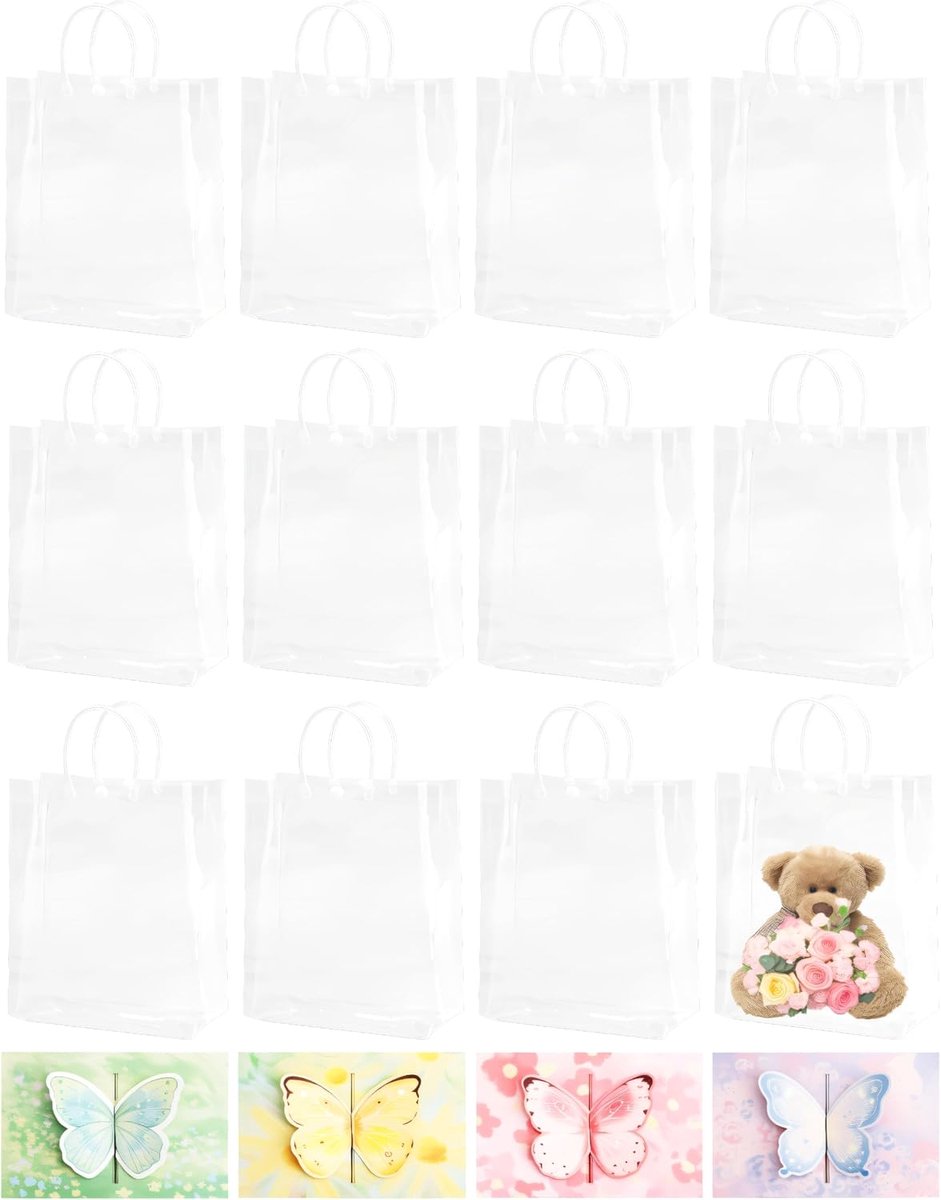 SnelShoppen - 12 Transparante Cadeautassen met Handvatten 10x8x3 Inch, Herbruikbare Geschenk Bags voor Feesten, Verjaardagen, Bruiloften, Winkel en Ga