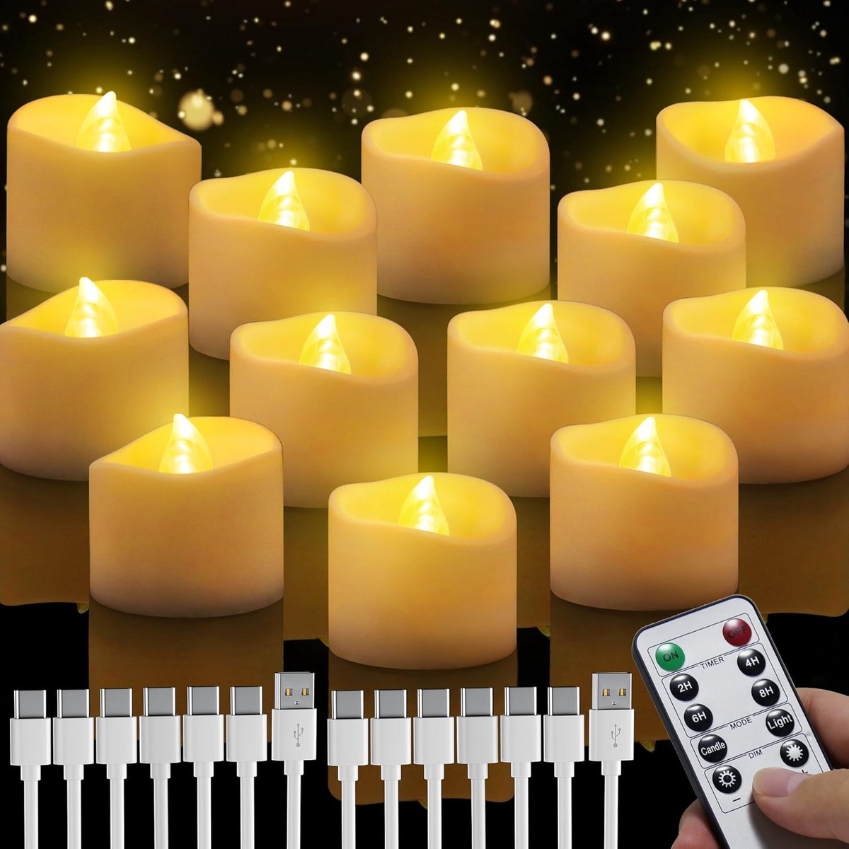 SnelShoppen - LED Kaarsen Set, Oplaadbare Tealights met Timer, Vlam Effect, Afstandsbediening, Voor Kerstmis, Halloween, Bruiloft, Winter, 6 Stuks